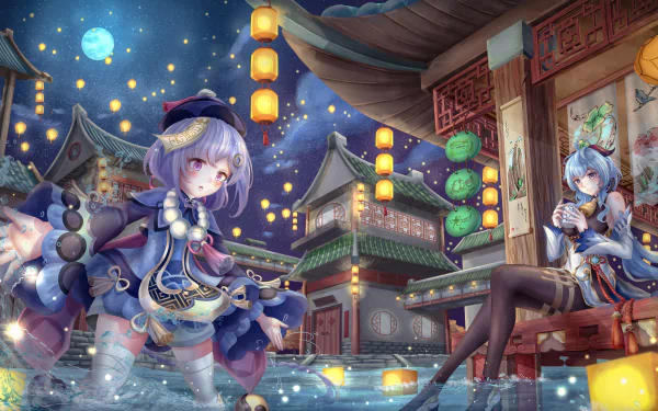 Qiqi with purple hair and eyes, and Ganyu with blue hair from Genshin Impact, featured in a detailed 8K Ultra HD video game wallpaper set in a vibrant lantern-lit village.