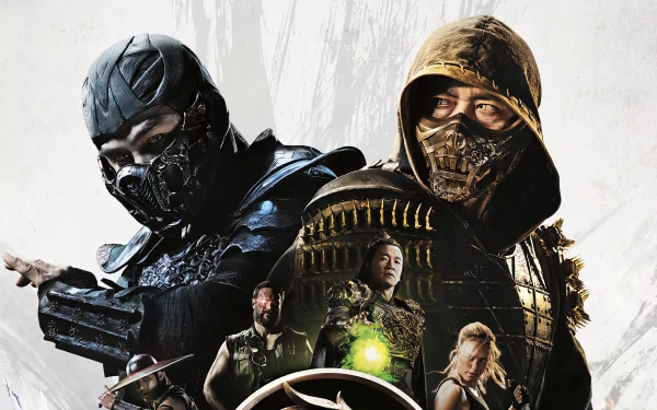 4K Ultra HD PC desktop wallpaper from Mortal Kombat (2021) movie featuring Scorpion, Sub‑Zero and Kano amid other fighters in a dark, dramatic composition.