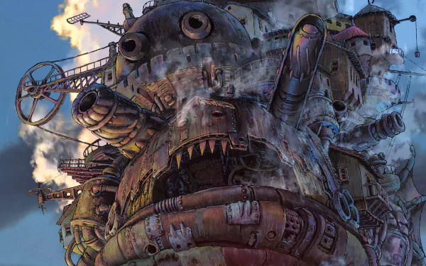 HD anime desktop wallpaper featuring Howl's Moving Castle with detailed mechanical design and steam clouds against a dramatic sky background.