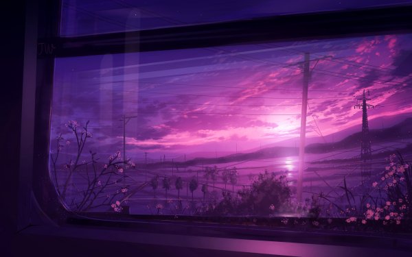 Anime Sunset Scenery Window Power Line Landscape HD Wallpaper | Background Image