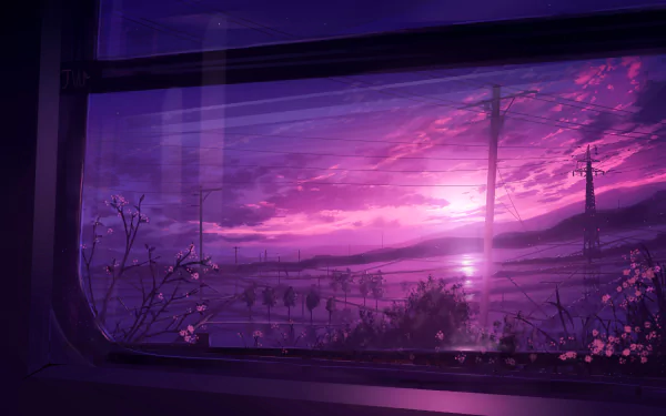 An anime landscape viewed through a window during sunset, featuring power lines and a serene, purple-hued sky. This HD desktop wallpaper and background captures a tranquil scenery.