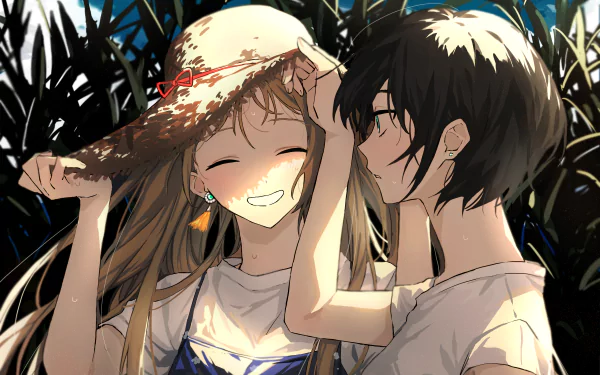 HD anime desktop wallpaper of a smiling anime couple, with the girl holding a hat and the boy gently touching it amid tall grass in a bright, warm setting.