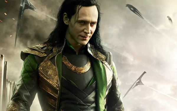 HD wallpaper of Loki, portrayed by Tom Hiddleston, from Thor: The Dark World, with a dynamic battlefield background.