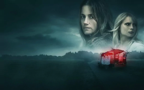 HD wallpaper featuring a moody Equinox theme with two women's faces above a nighttime landscape and a red-lit structure.