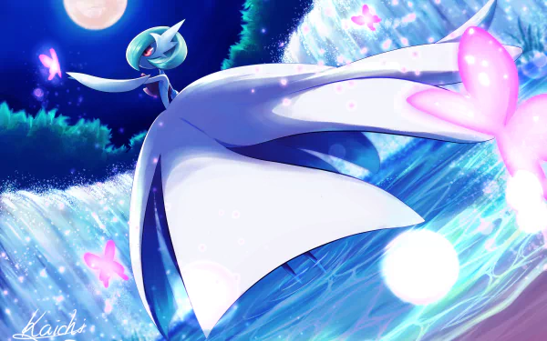 A vibrant 4K Ultra HD anime-style desktop wallpaper featuring Gardevoir from Pokémon, set against a glowing waterfall and moonlit night with sparkling pink butterflies.