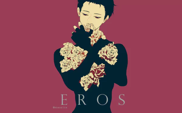 HD PC desktop wallpaper of Yuuri Katsuki (Yuri!!! on ICE): he crosses gloved hands before his face, sweater decorated with cream roses on a maroon background, EROS text below.