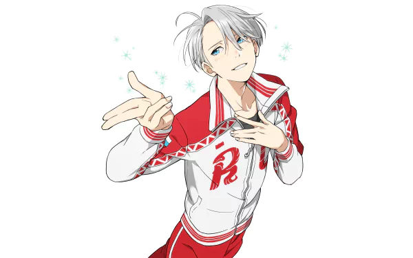 Victor Nikiforov (Yuri!!! on ICE) smiling in a red-and-white skating jacket, reaching out in a playful pose — 2K Quad HD PC desktop wallpaper/background.