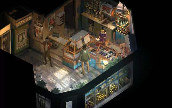 HD wallpaper featuring a scene from Disco Elysium with detailed in-game characters and environment.