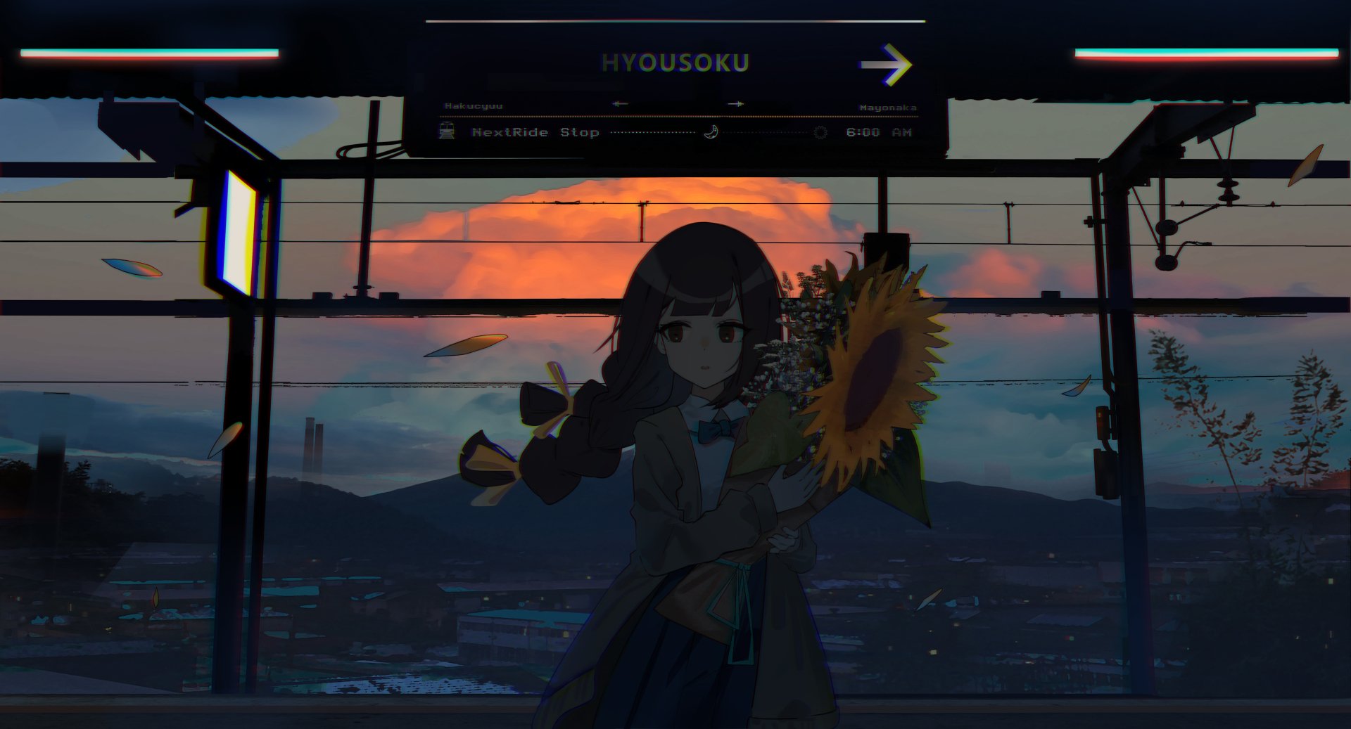 Anime girl holding a sunflower on a dim train platform with a huge orange moon/sunset over distant mountains — 5K Ultra HD PC desktop wallpaper and background.