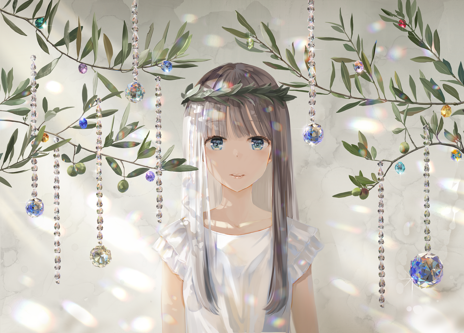 HD anime girl with long hair stands against a soft, nature-inspired background adorned with hanging crystals and olive branches, creating a serene desktop wallpaper.