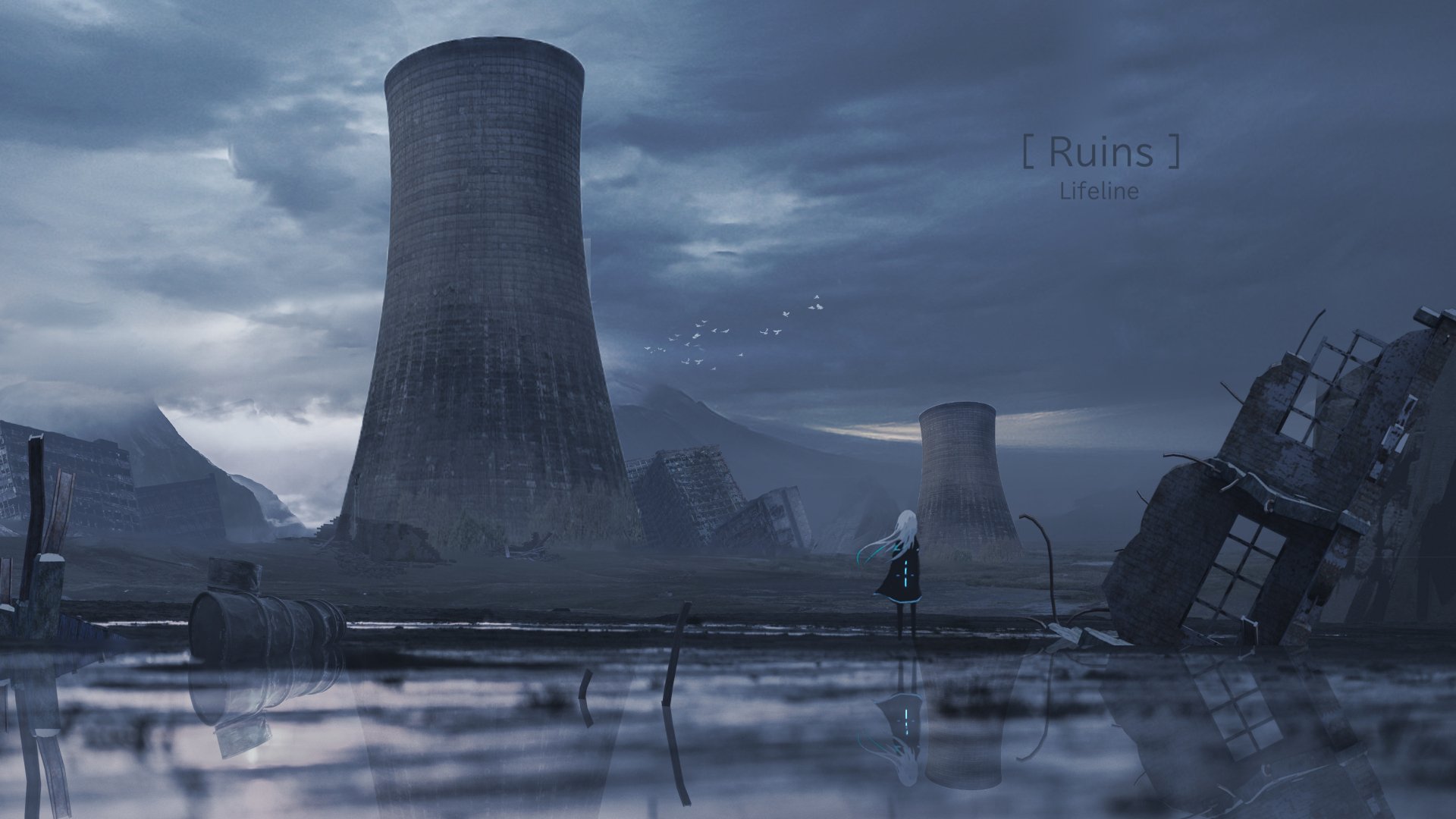 A post-apocalyptic anime scene depicting a lone figure in a desolate landscape with towering cooling towers and remnants of civilization, captured in stunning 8K Ultra HD quality.