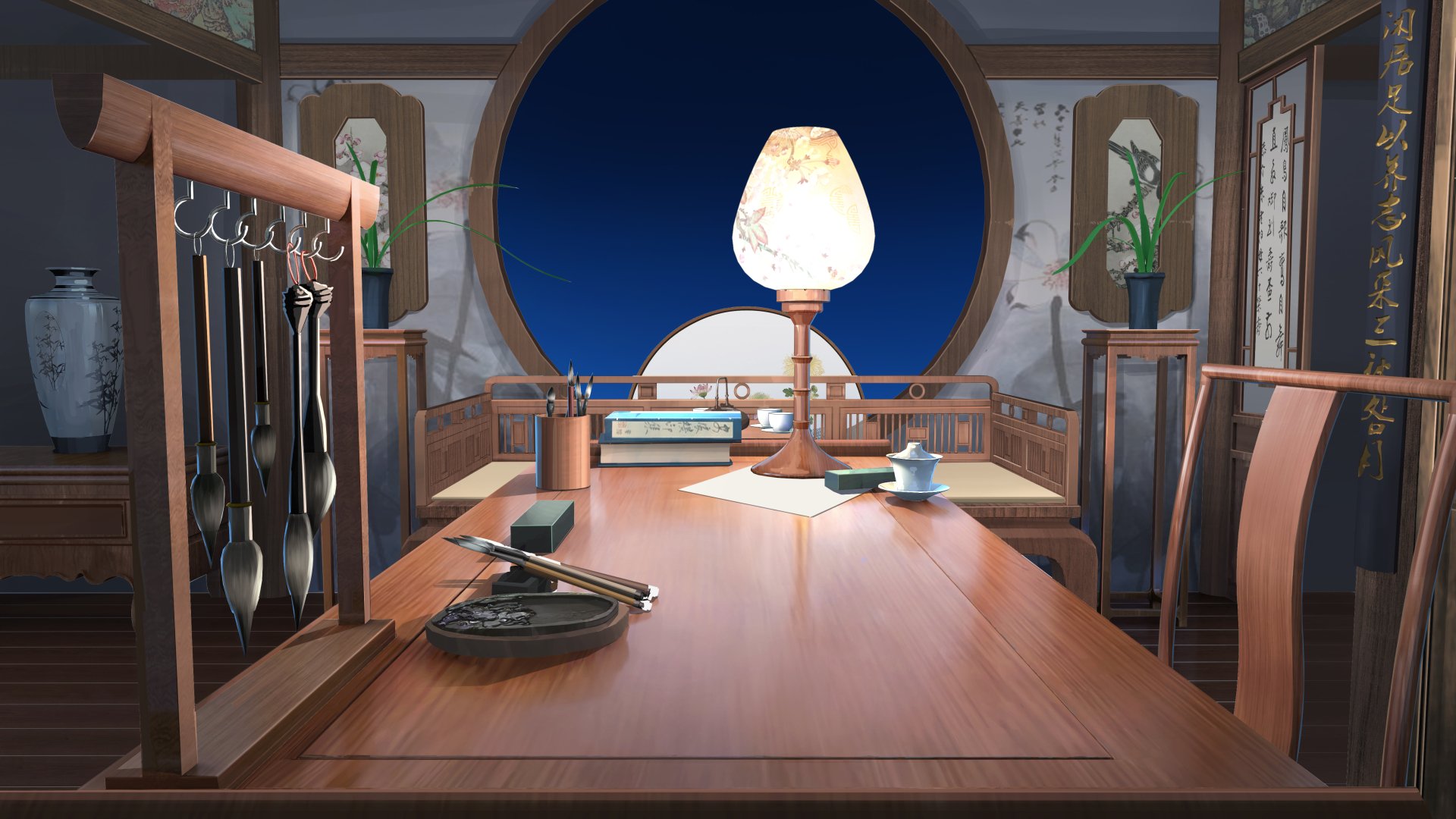 A serene anime room with traditional wooden furniture, soft lighting, and decorative plants, rendered in 4K Ultra HD for a detailed PC desktop wallpaper.