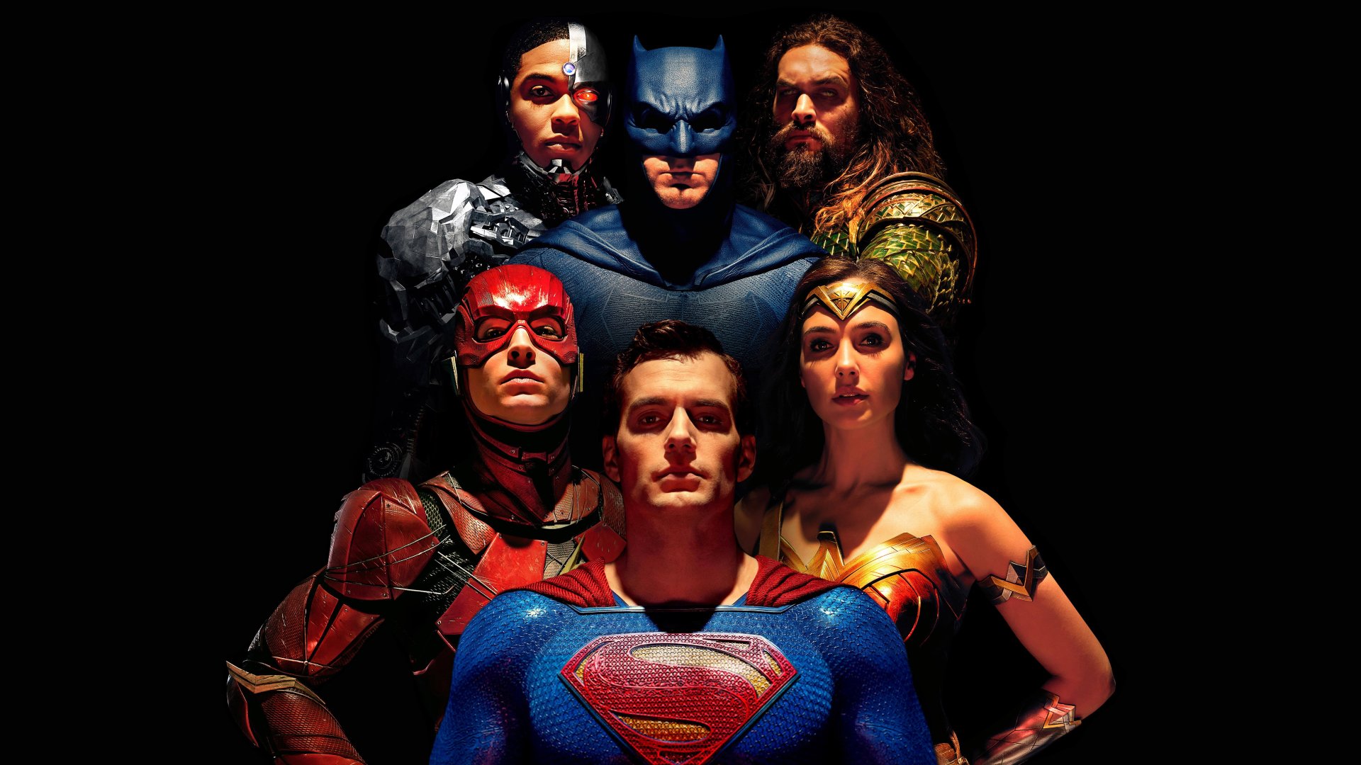 Justice League movie 8K Ultra HD PC wallpaper — Superman center flanked by Batman, Wonder Woman, Flash, Aquaman and Cyborg posed dramatically on a black background.