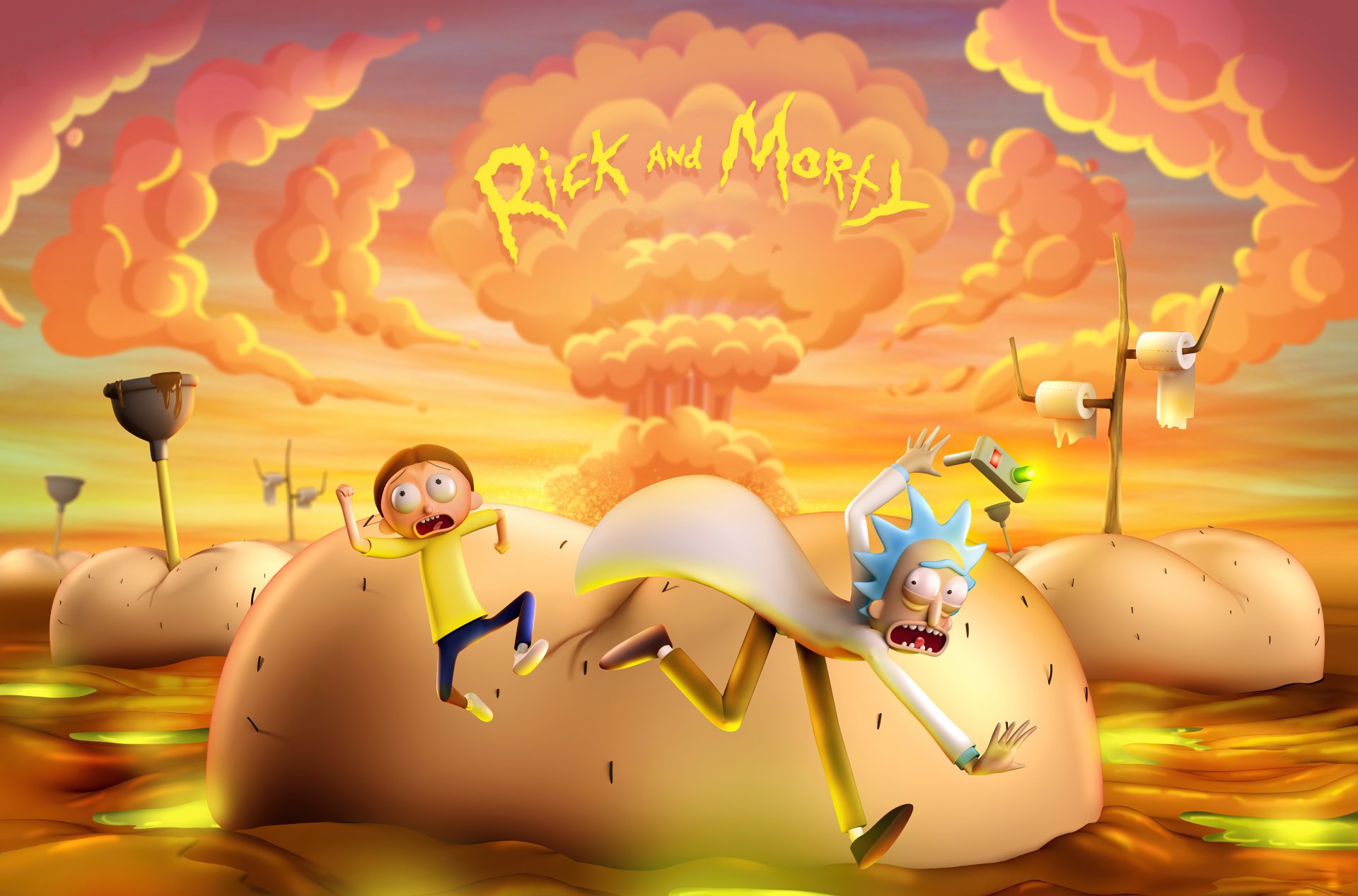 Rick and Morty TV show wallpaper: Rick Sanchez and Morty Smith burst from giant eggs in a surreal orange-sky landscape — 5K Ultra HD PC desktop wallpaper/background.