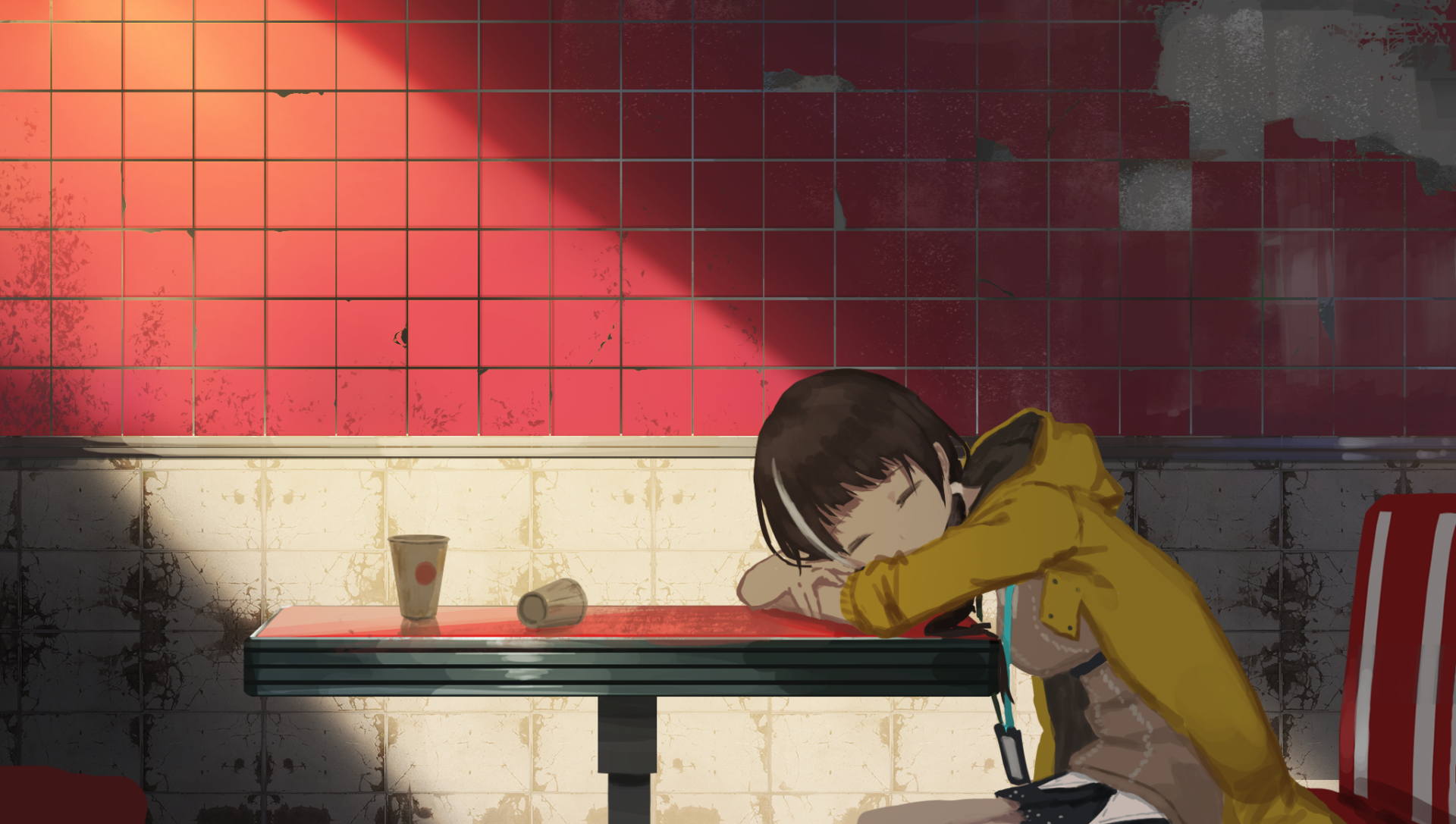 RO635 (Girls Frontline) video game HD PC desktop wallpaper: a girl in a yellow jacket naps at a diner table with a drink and bun against a red tiled wall.