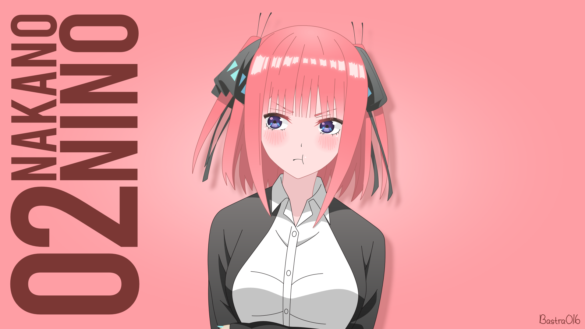 4K PC desktop wallpaper of Nino Nakano (The Quintessential Quintuplets): short pink hair tied with ribbons, blue eyes, white blouse and gray cardigan on a soft pink background.