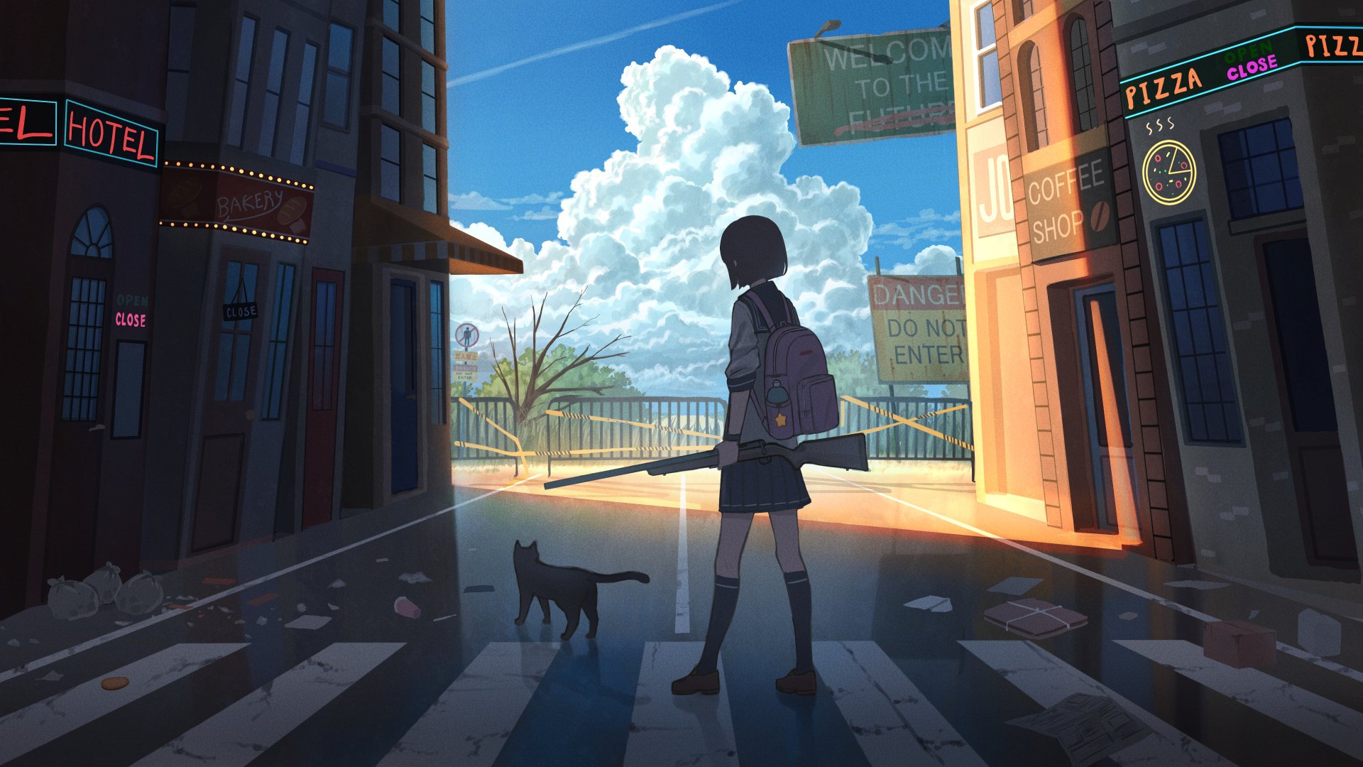 Anime girl in a uniform holding a gun, standing on an empty street with a cat, under a bright blue sky with fluffy clouds. HD desktop wallpaper and background.