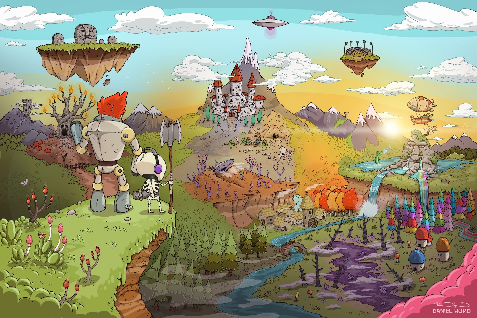 8K Ultra HD fantasy landscape PC wallpaper — whimsical scene with floating islands, a mountain castle, rivers, forests, robots and vibrant alien flora beneath a pastel sky.