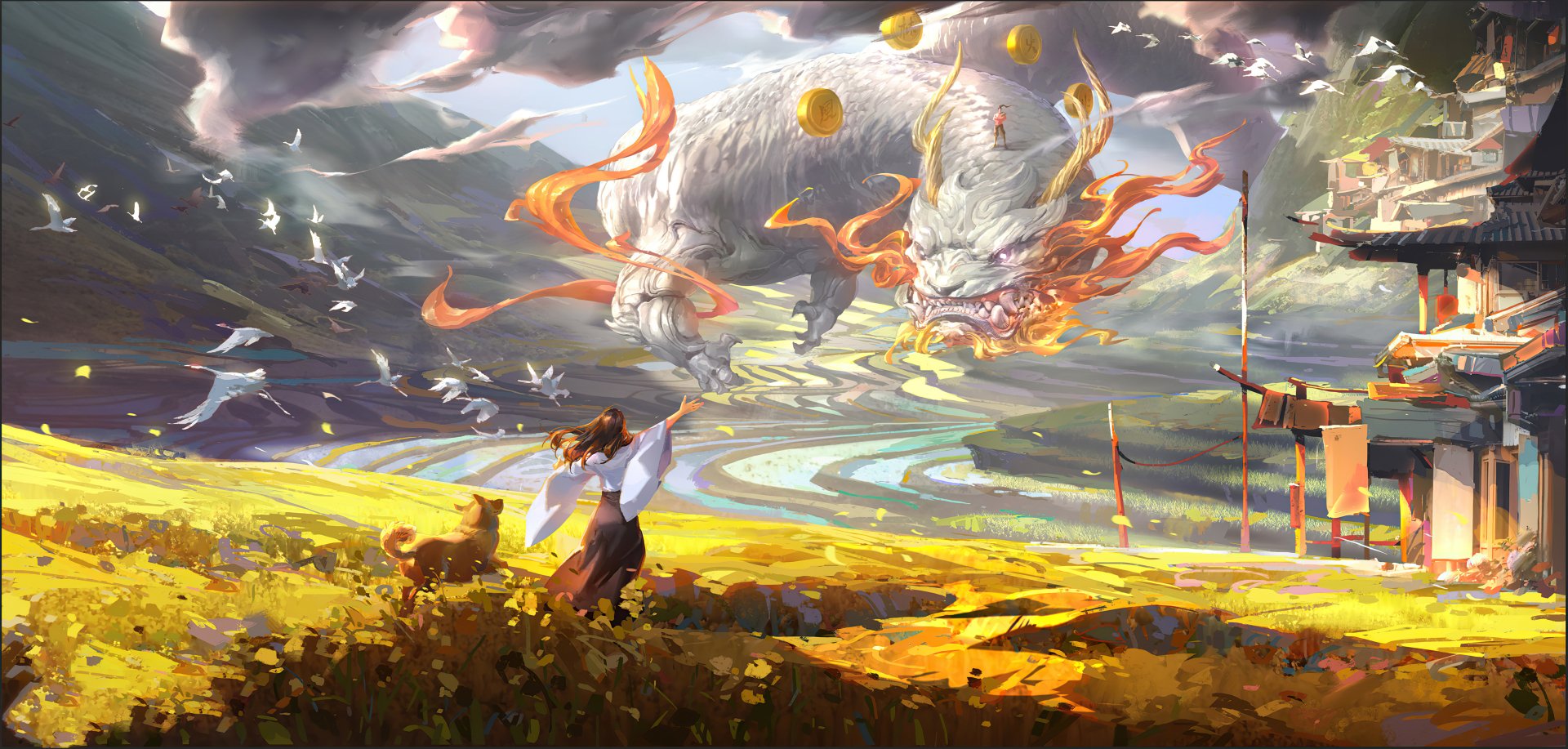 A vibrant fantasy landscape featuring a majestic Chinese dragon intertwined with fiery ribbons above a golden field, a dog, and a figure gazing toward the mystical scene.
