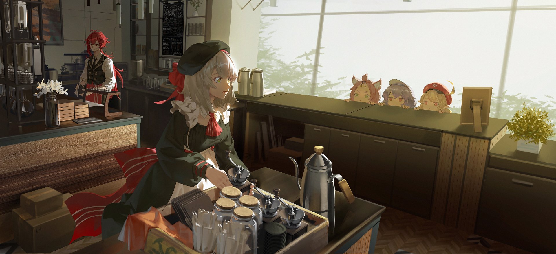 A vibrant HD wallpaper featuring characters Diluc, Diona, Qiqi, Noelle, and Klee from Genshin Impact, set in a cozy cafe with warm sunlight filtering through the windows.