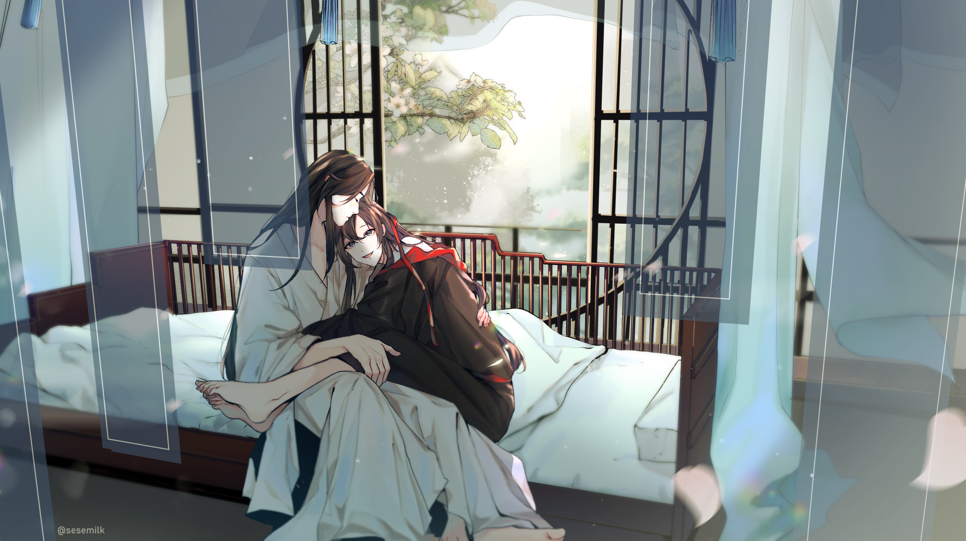 2K Quad HD PC wallpaper of Lan Wangji and Wei Wuxian (Mo Dao Zu Shi): Lan cradles Wei on a bed by an open lattice window, bathed in soft sunlight, serene anime mood.