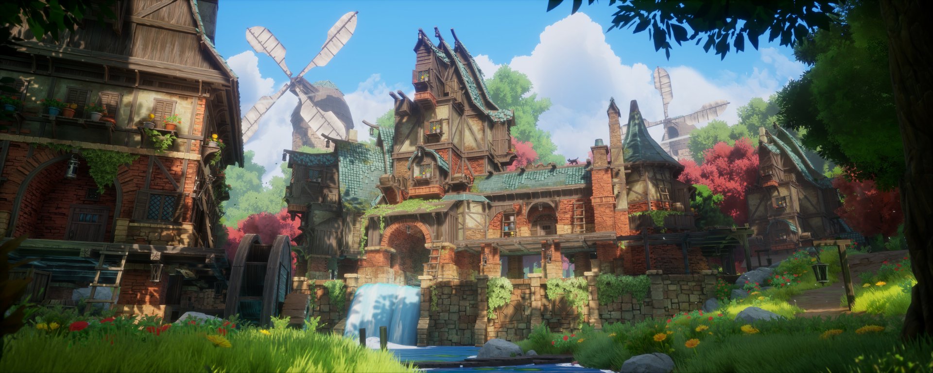 HD PC desktop wallpaper featuring a vibrant fantasy building with windmills, surrounded by lush greenery and colorful trees under a bright blue sky.