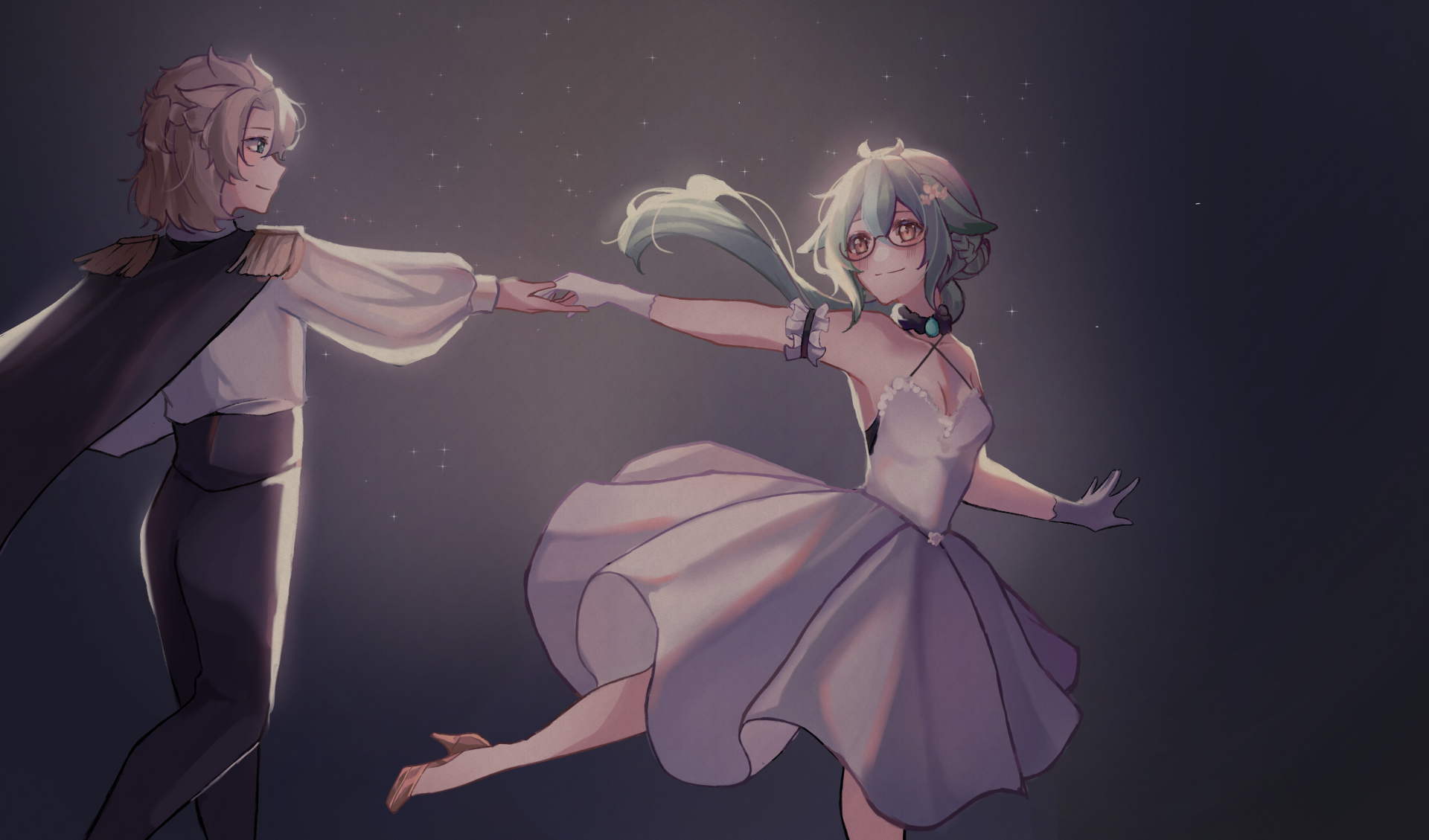 4K Ultra HD PC wallpaper of Sucrose and Albedo from the video game Genshin Impact, dancing hand-in-hand against a soft, starry backdrop.