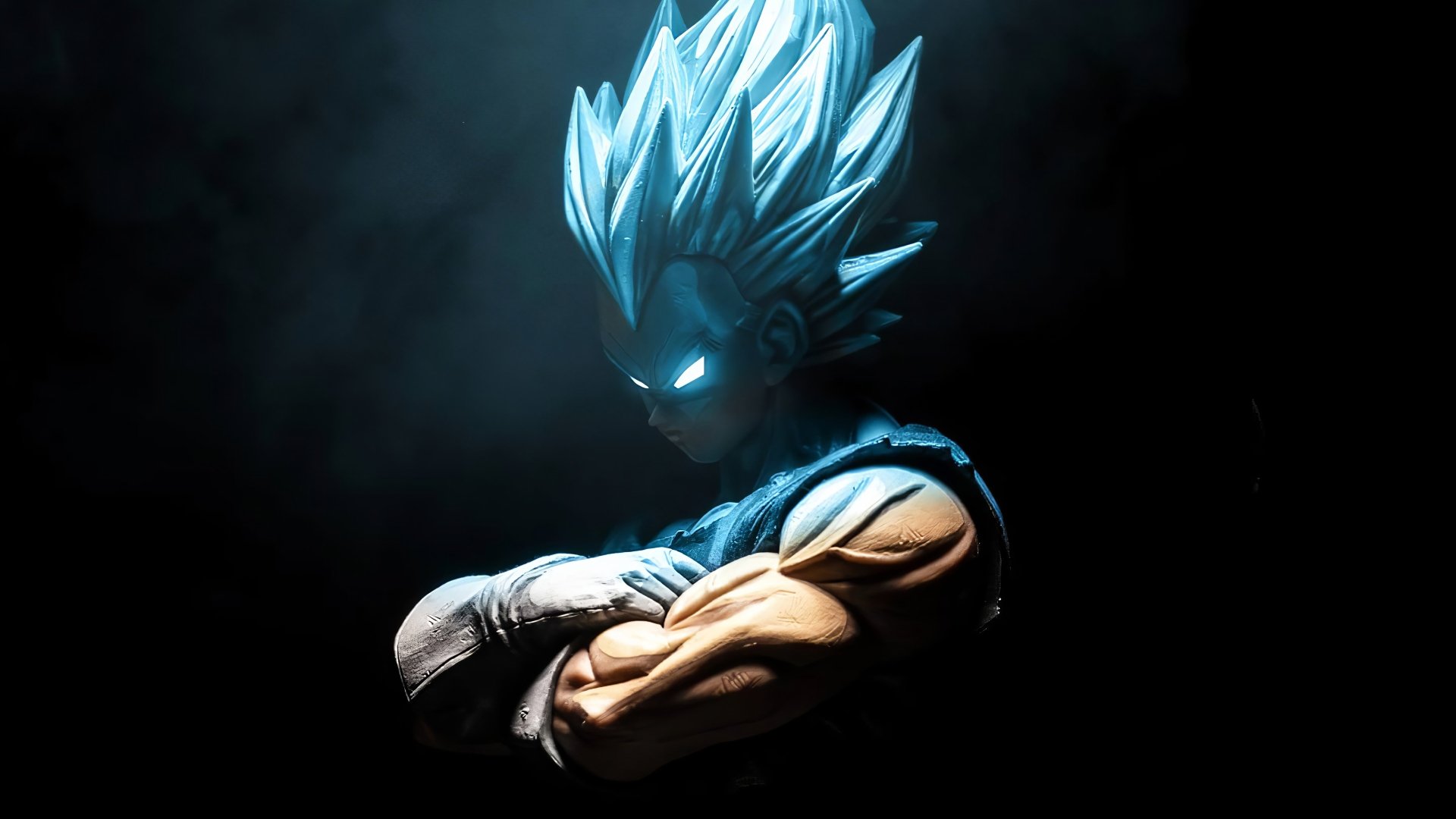 Vegeta from Dragon Ball Super stands confidently with crossed arms, showcasing his iconic blue hair and intense expression against a dramatic dark background. 4K Ultra HD wallpaper.