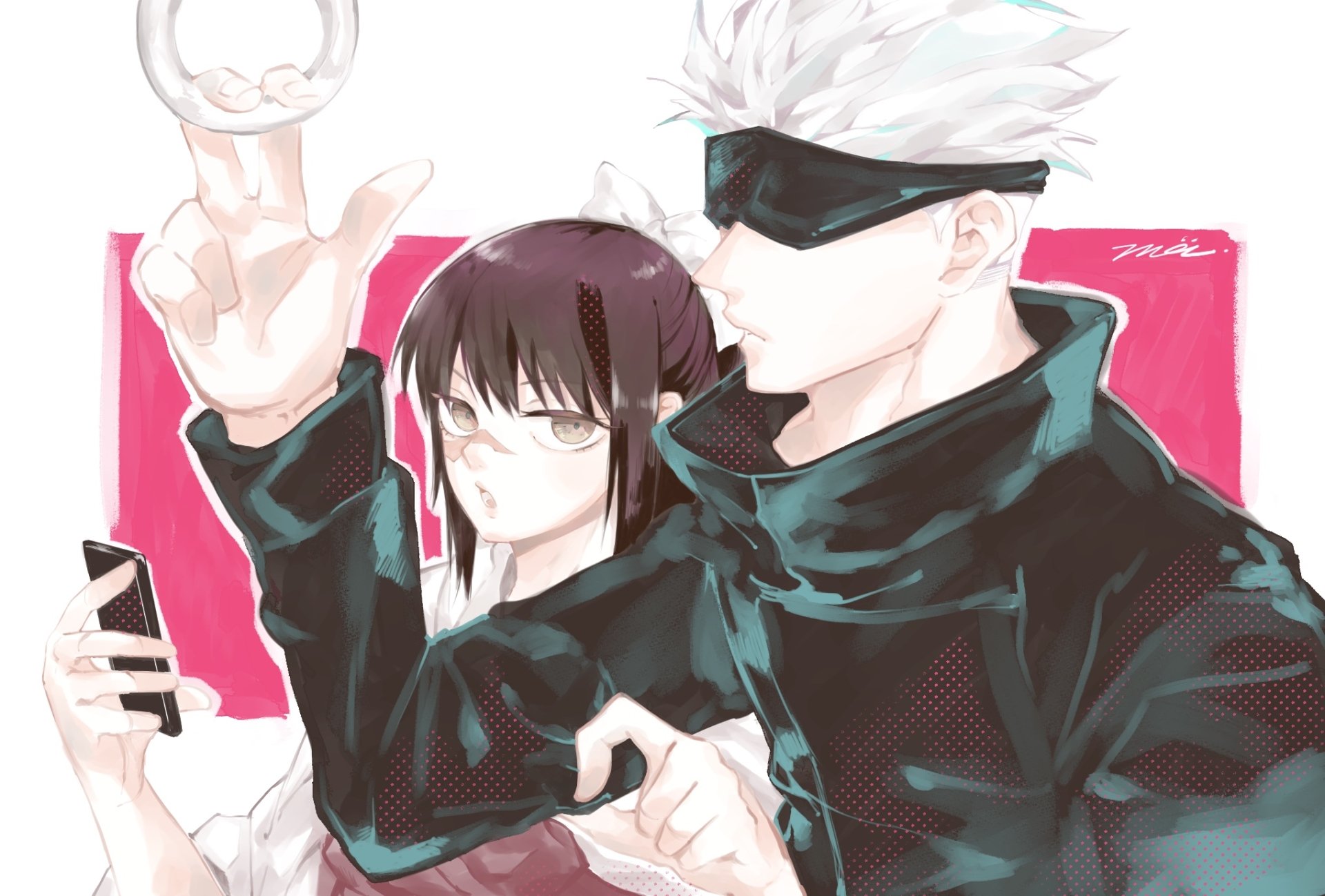 Download Blindfold Brown Eyes Black Hair Utahime Iori White Hair Satoru Gojo Anime Jujutsu Kaisen HD Wallpaper by めう