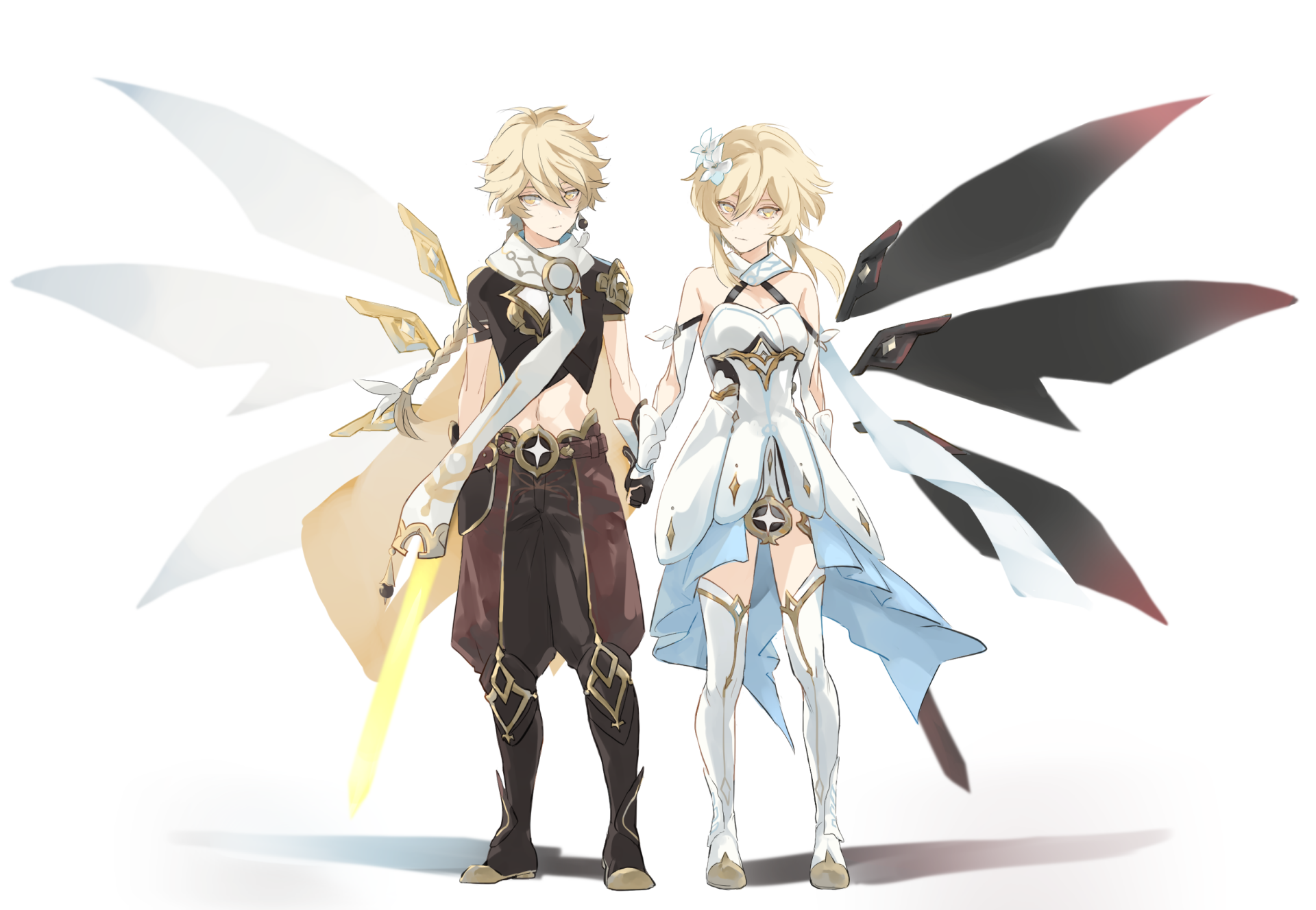 Lumine and Aether from the video game Genshin Impact stand side-by-side with stylized wings and blades on a clean white background — 2K Quad HD PC desktop wallpaper.