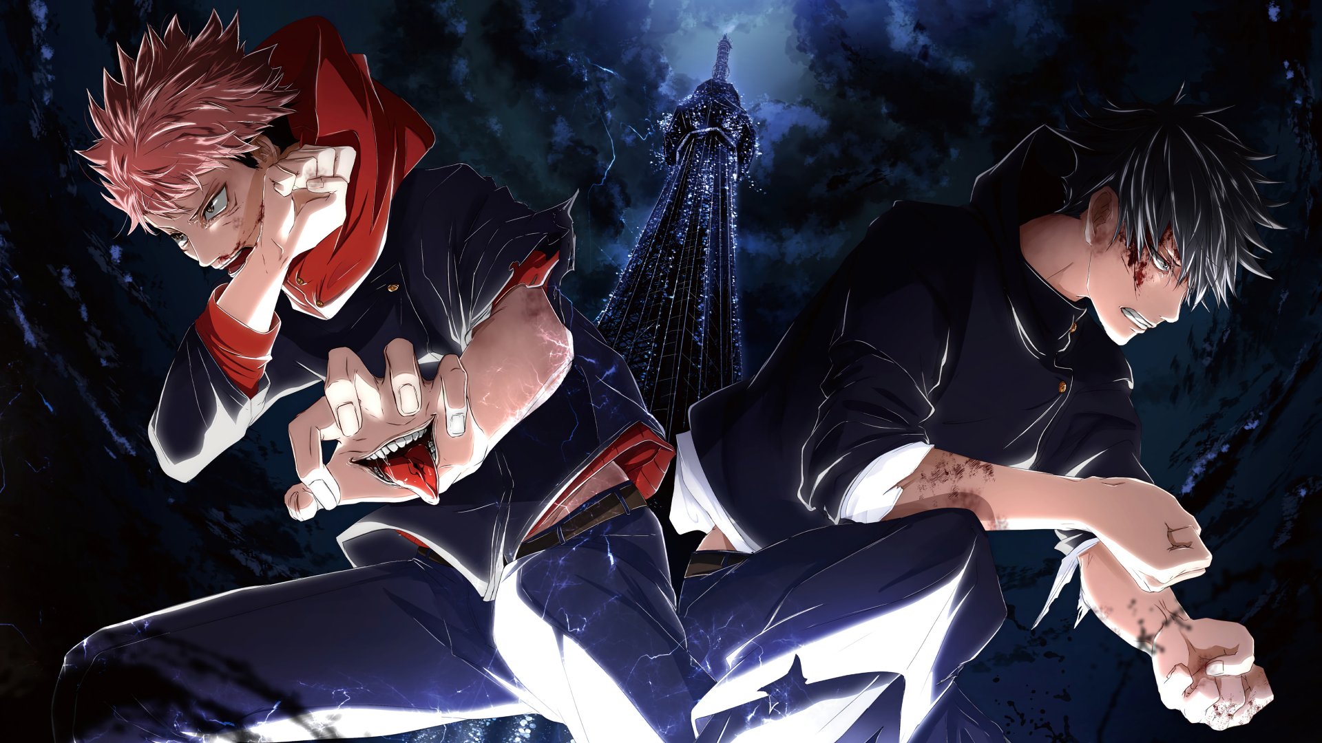 Anime-style 4K wallpaper featuring Yuji Itadori with pink hair and Megumi Fushiguro with black hair in school uniforms from Jujutsu Kaisen, set against a dark, dramatic background.