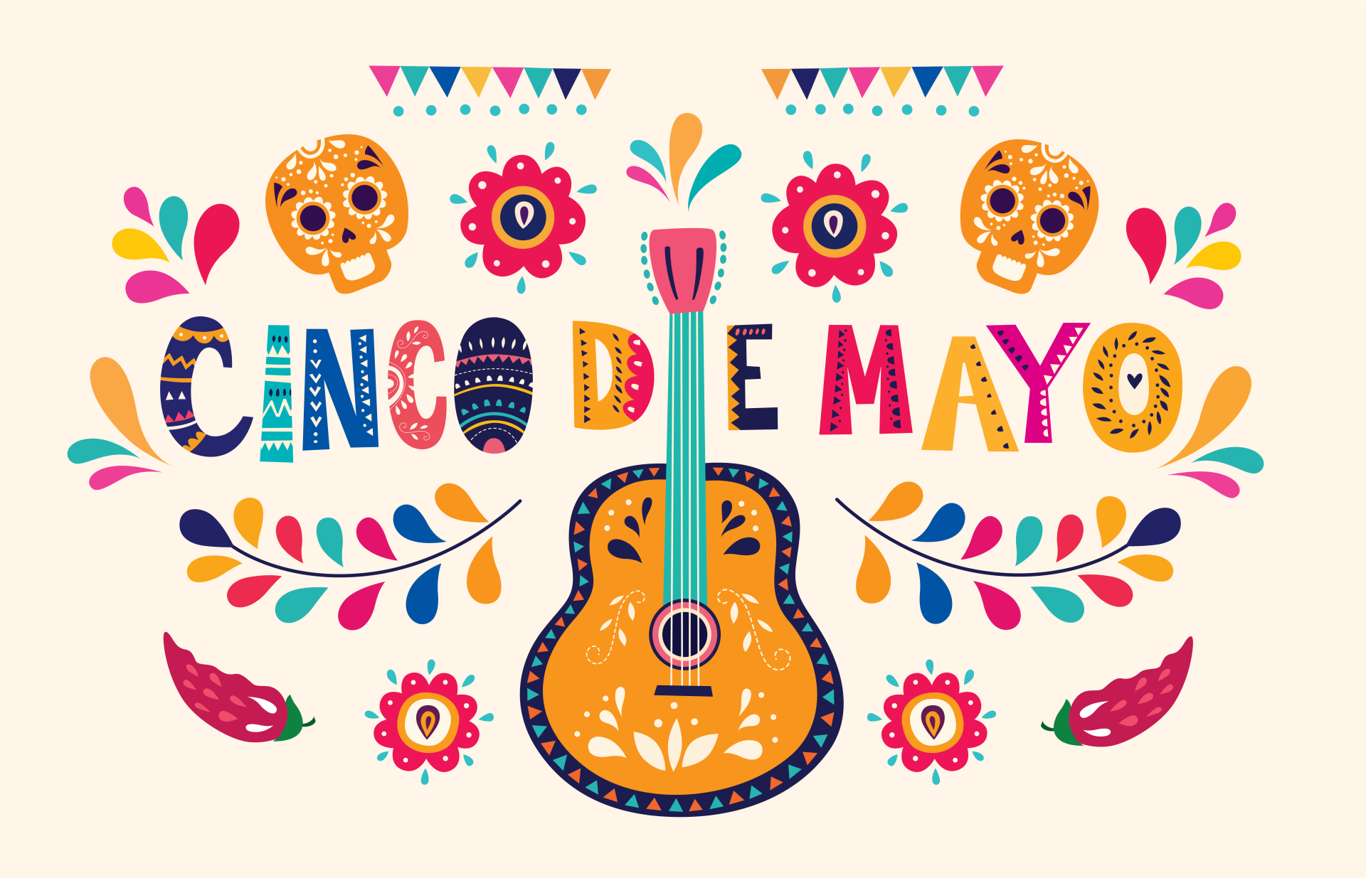 Colorful Cinco de Mayo HD wallpaper with decorative skulls, guitar, and floral patterns.
