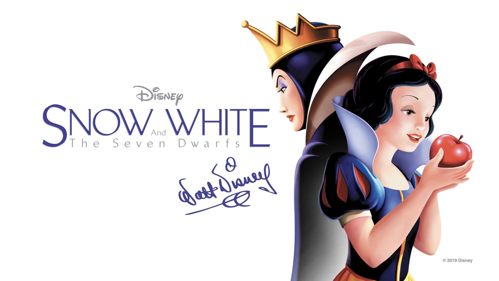 HD PC desktop wallpaper of the movie Disney's Snow White and the Seven Dwarfs: Snow White holding a red apple beside the Evil Queen, with the film logo and Walt Disney signature.