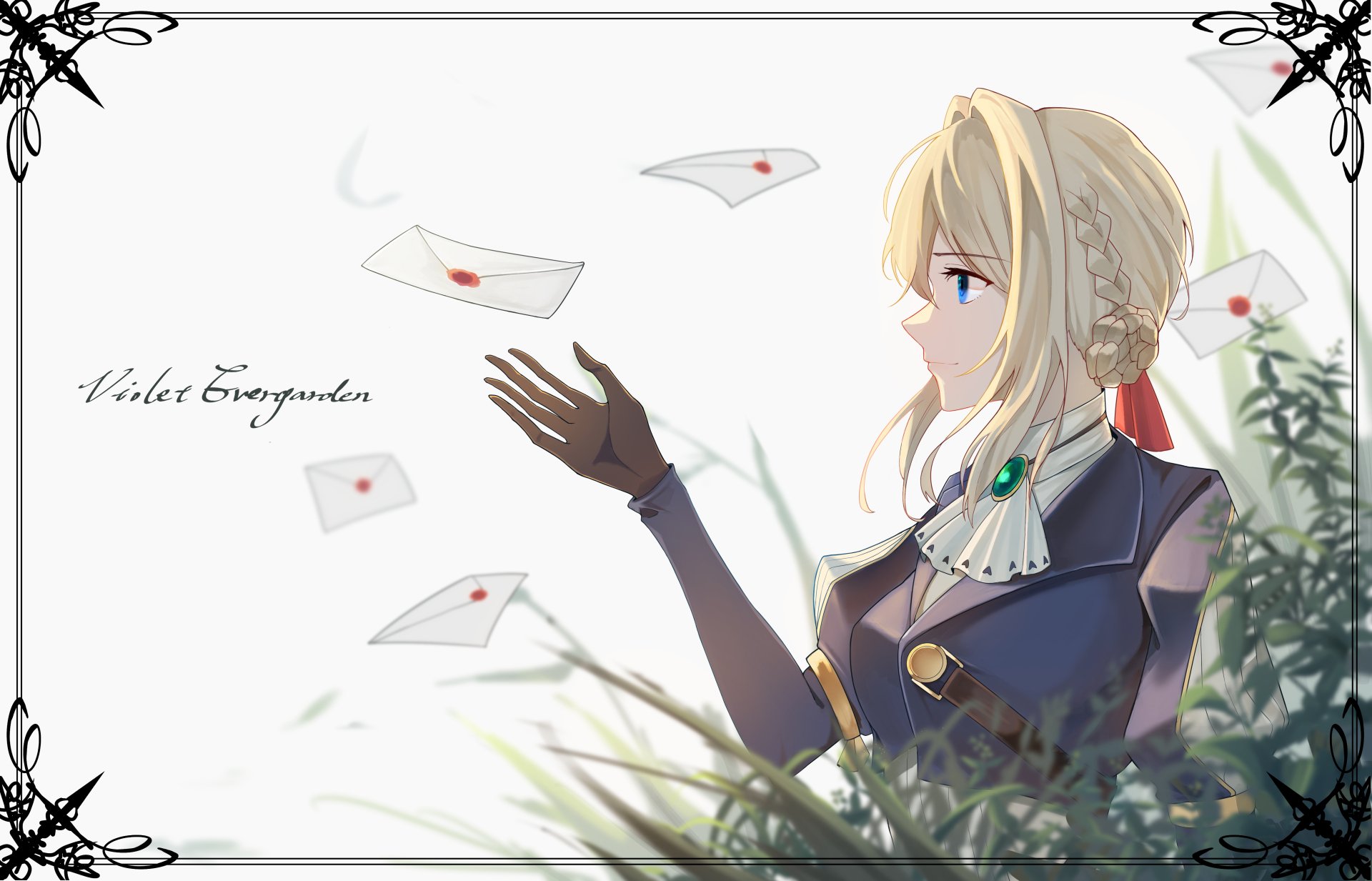Violet Evergarden with blonde hair and blue eyes, surrounded by floating letters, depicted in detailed anime style for a 4K Ultra HD PC desktop wallpaper.
