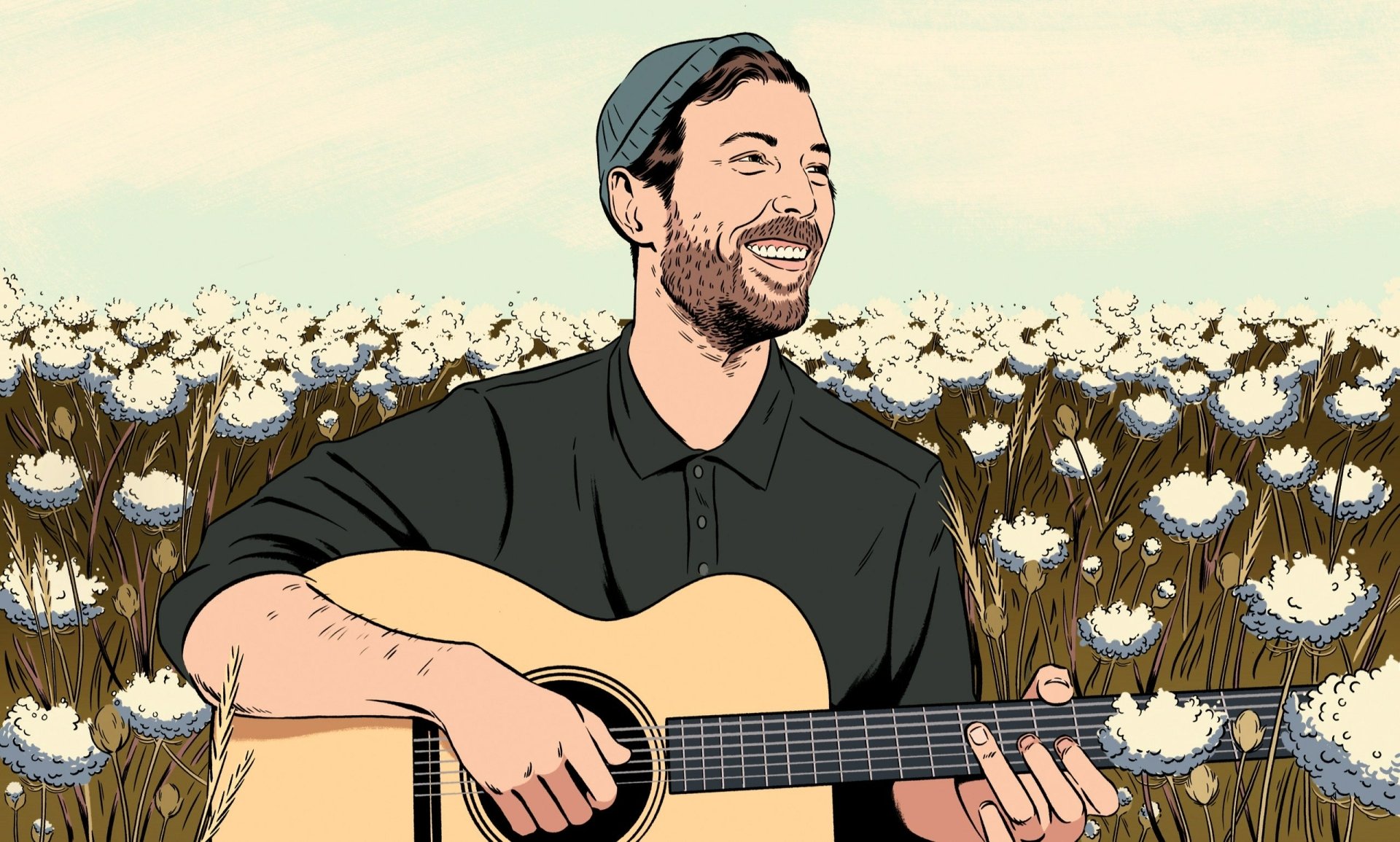 HD desktop wallpaper featuring an illustrated member of Fleet Foxes playing guitar in a field of flowers.