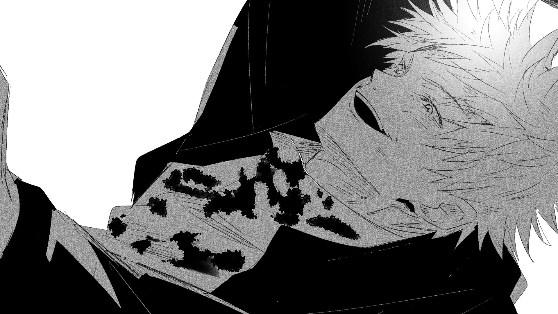 Satoru Gojo from Jujutsu Kaisen in grayscale, reclining with a grin and ink-splattered shirt — high-contrast HD PC desktop wallpaper and background anime art.