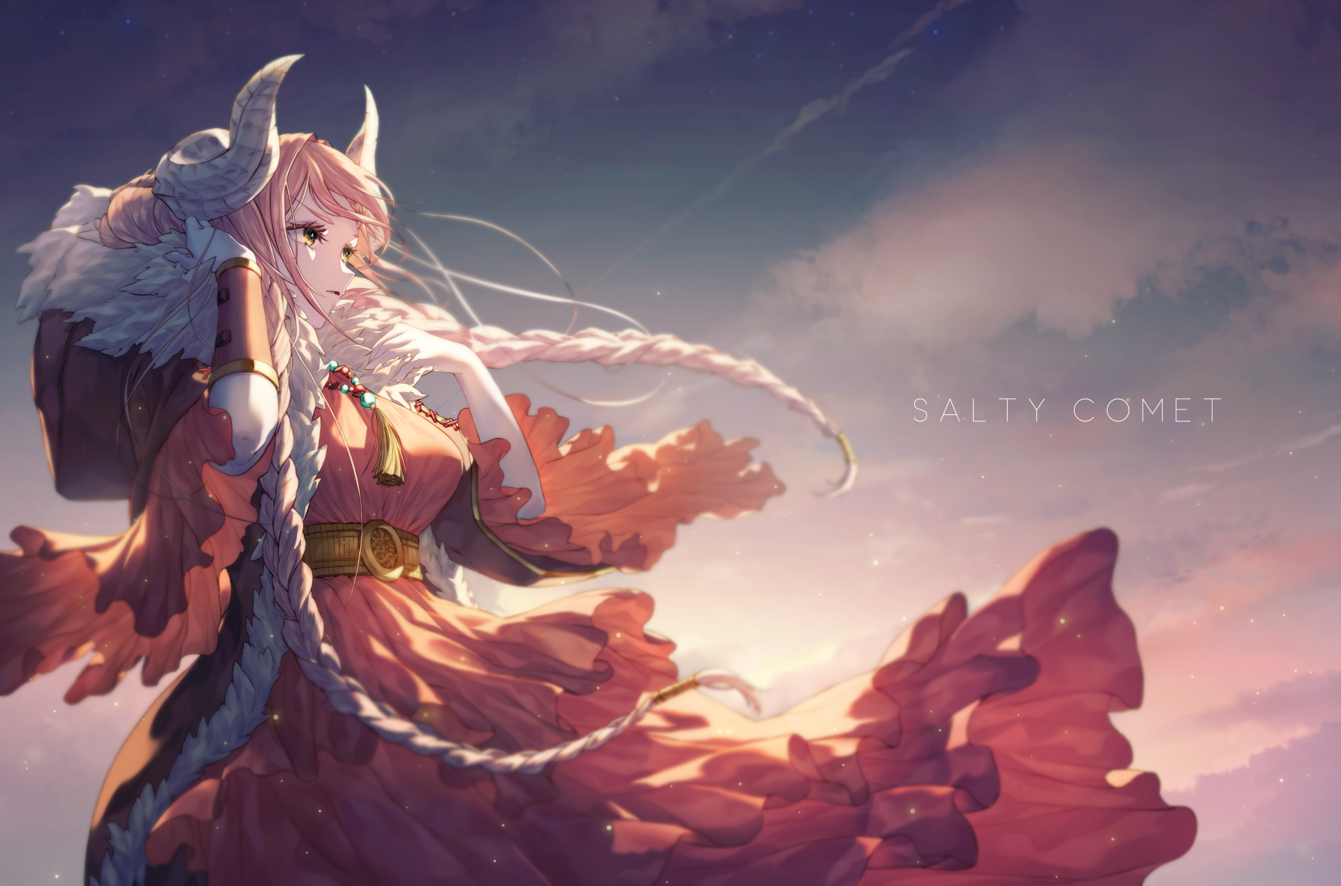 Download Braid Horns Yellow Eyes Pink Hair Long Hair Anime Woman 4k Ultra HD Wallpaper by 無名老圖