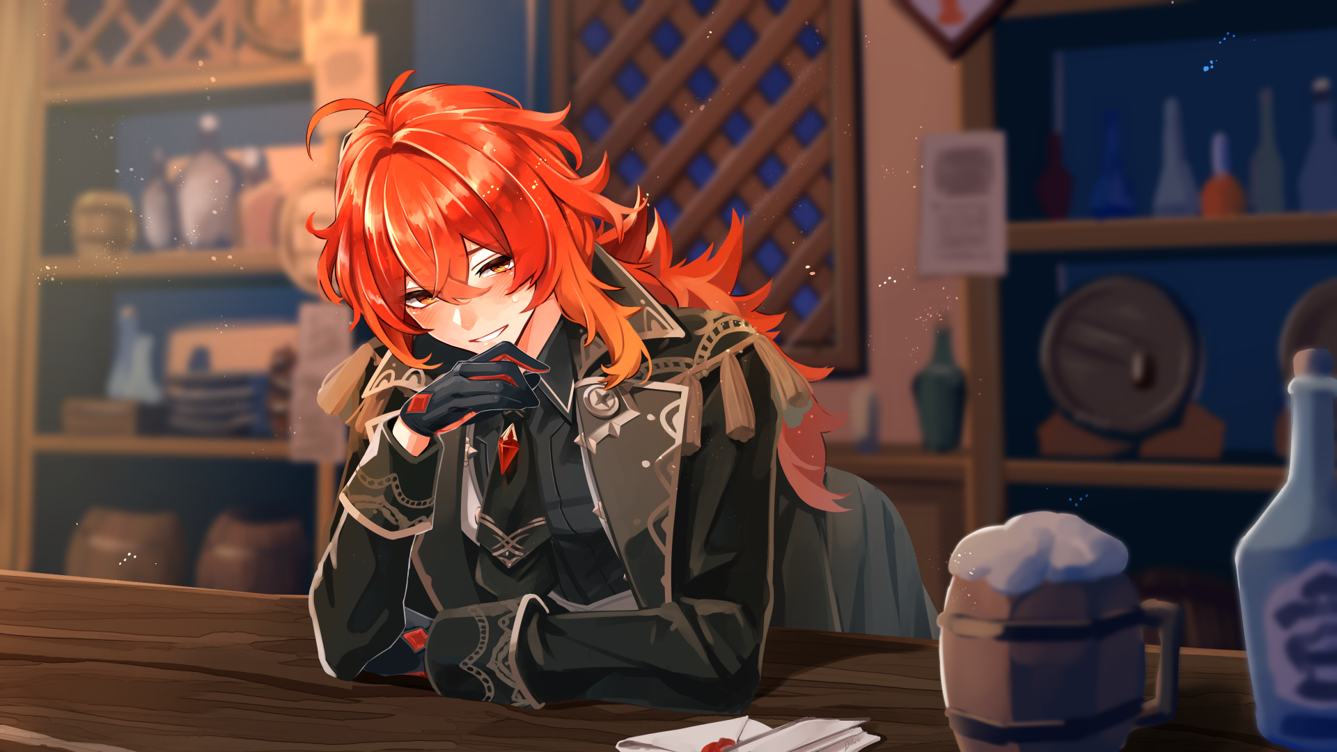 Diluc from Genshin Impact sits at a wooden table in a cozy tavern, detailed in a 4K Ultra HD PC desktop wallpaper showcasing rich colors and intricate design.