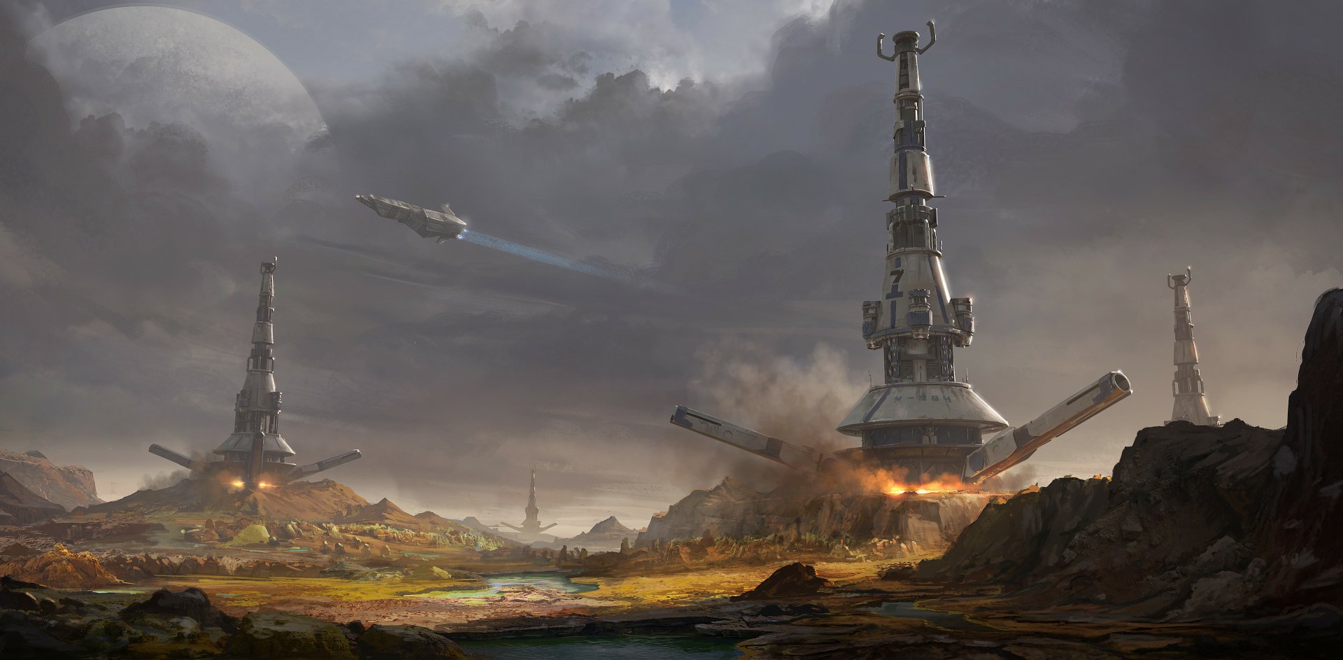 A futuristic sci-fi landscape with towering structures launching and a spaceship soaring through a cloudy sky, set against a rugged terrain, this HD wallpaper makes for an epic desktop background.