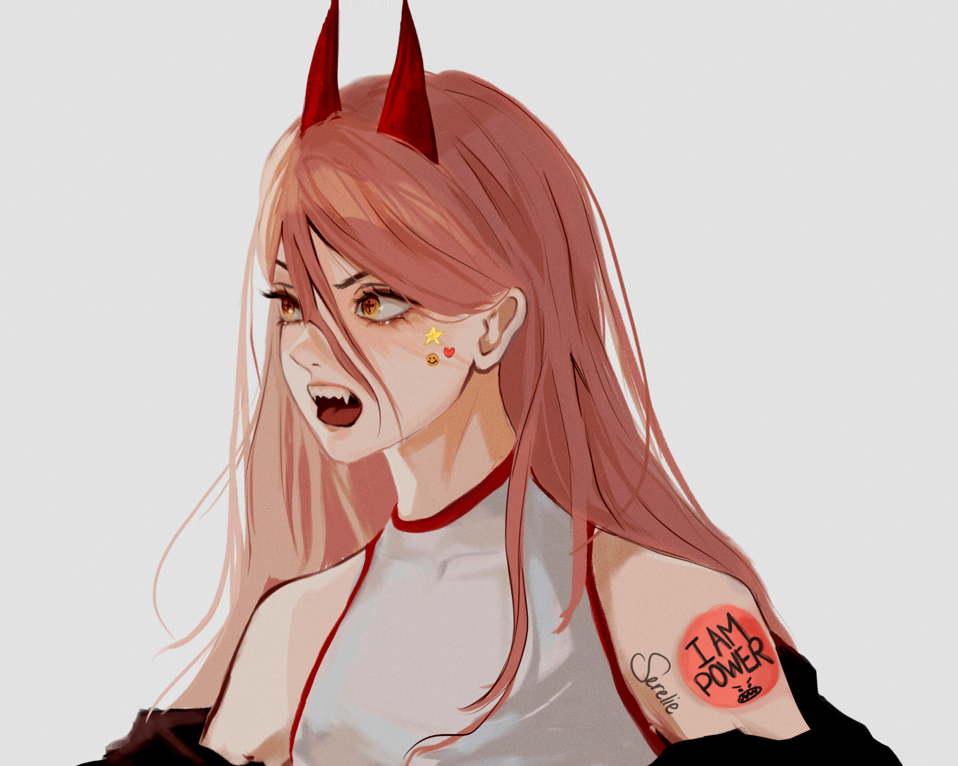 HD anime desktop wallpaper of Power from Chainsaw Man, featuring her distinctive red horns and sharp expression in vibrant, detailed artwork.