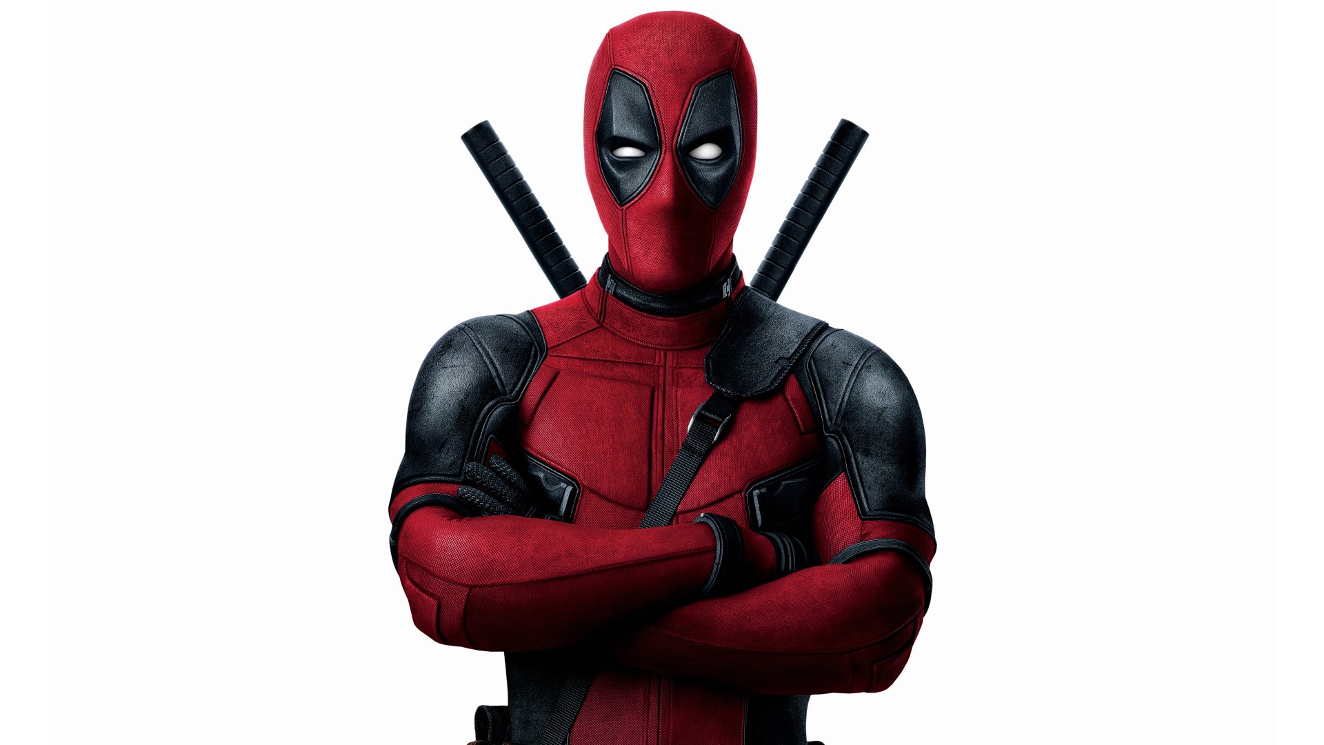 Deadpool in his red and black suit, arms crossed, standing confidently with two swords on his back. 8K Ultra HD movie wallpaper for PC desktop.