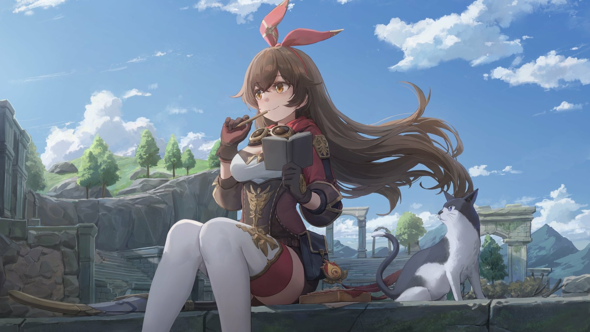 Amber from Genshin Impact sits on a stone ledge with a white cat beside her, under a bright blue sky, rendered in 4K Ultra HD for PC desktop wallpaper.