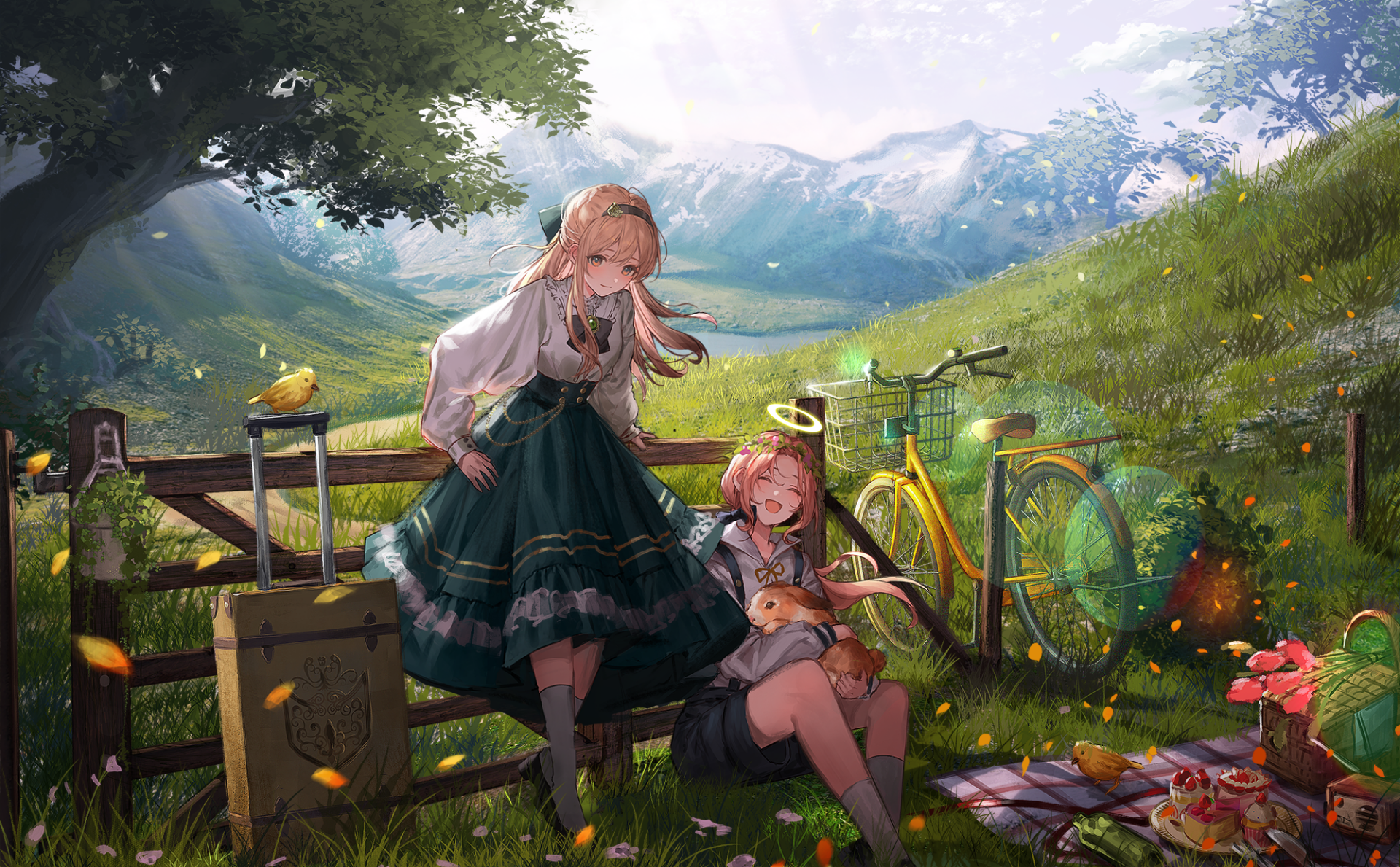 Anime girl with blonde hair in a scenic mountain meadow, surrounded by bicycles and picnic items, rendered in HD for a vibrant PC desktop wallpaper.