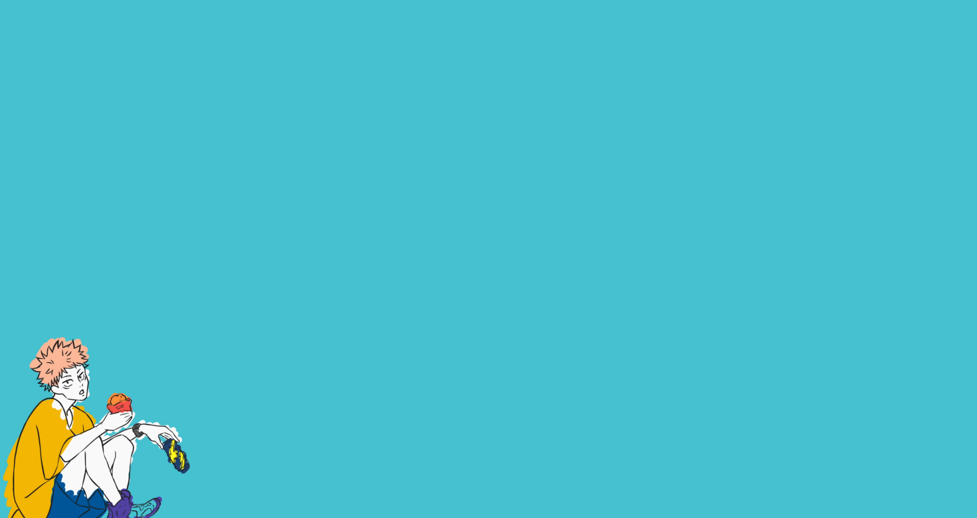 HD PC desktop wallpaper featuring Yuji Itadori from the anime Jujutsu Kaisen against a vibrant turquoise background.