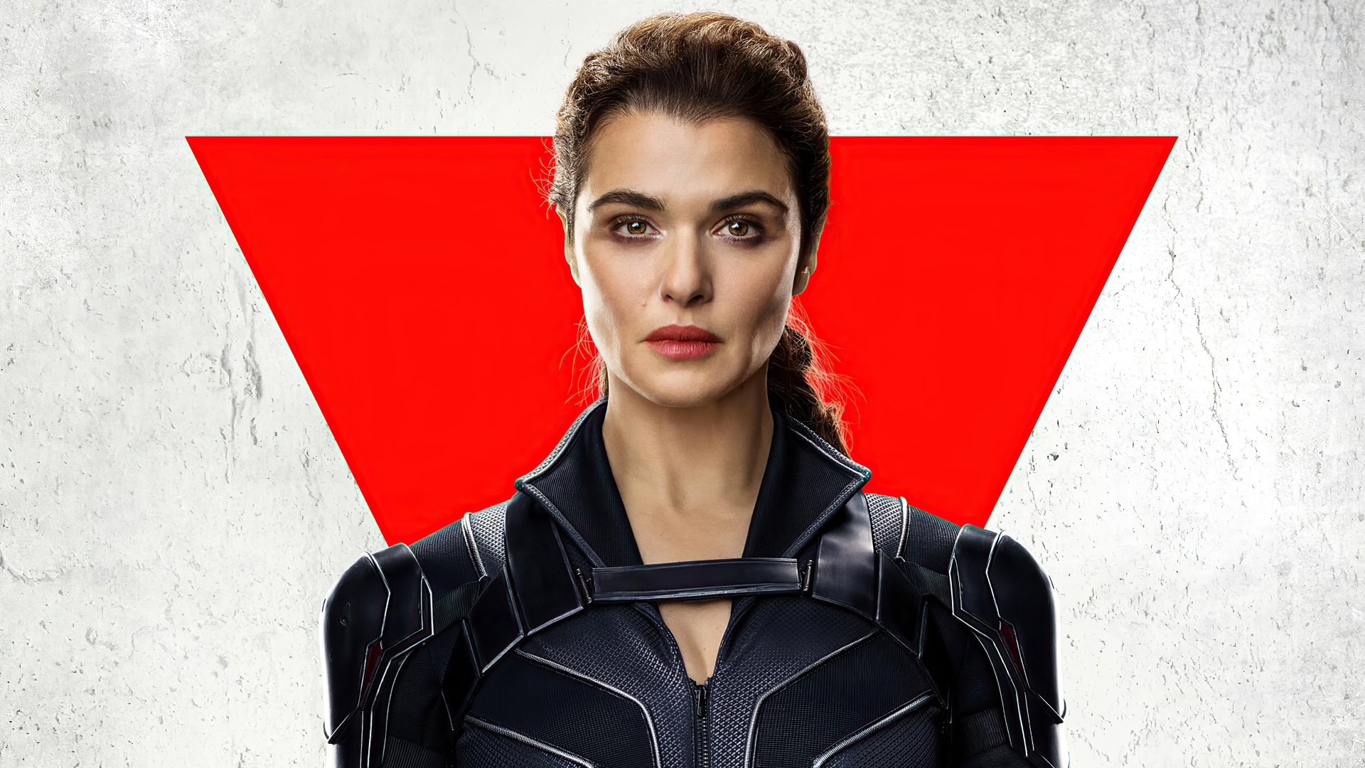 Melina Vostokoff, portrayed by Rachel Weisz in Black Widow, stands confidently against a red triangular background in this 8K Ultra HD PC desktop wallpaper.