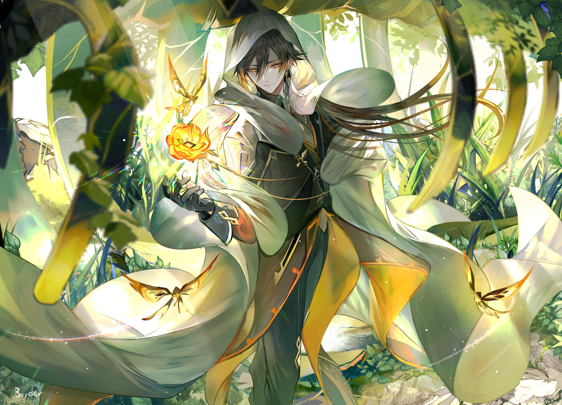 HD desktop wallpaper featuring Rex Lapis/Zhongli from the video game Genshin Impact, surrounded by butterflies and lush greenery.