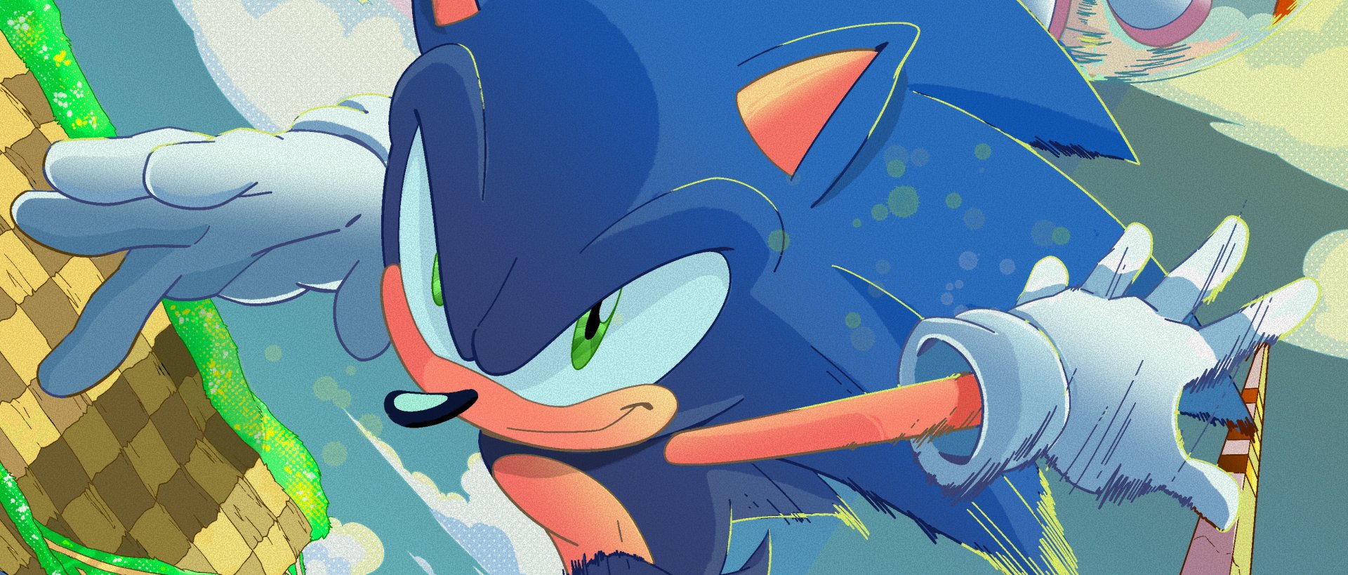 HD PC desktop wallpaper featuring Sonic the Hedgehog with green eyes and white gloves in a dynamic pose from the video game.
