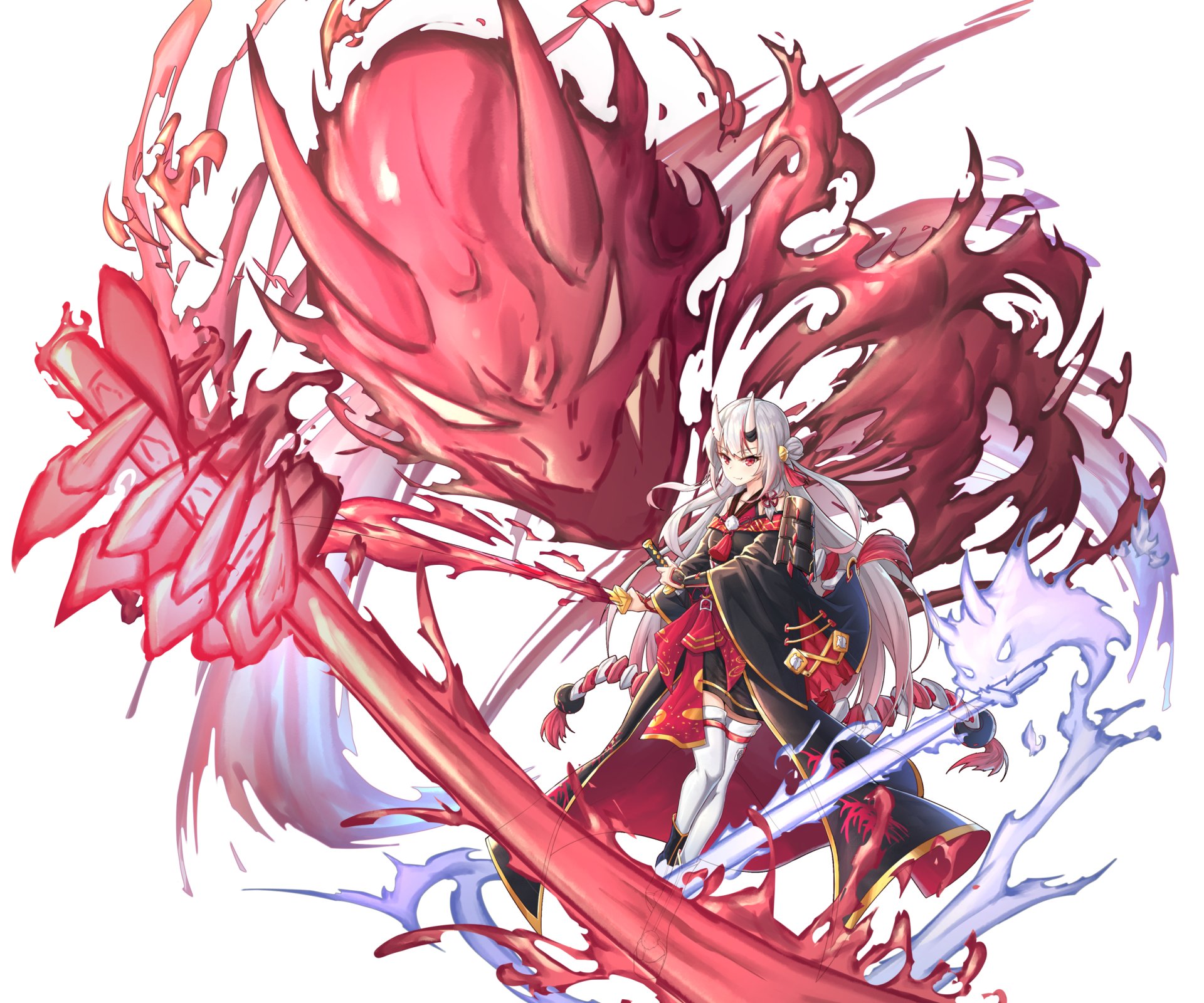 Anime-style HD wallpaper featuring Nakiri Ayame from Hololive with white hair, red eyes, and horns, surrounded by vibrant red and blue energy effects.