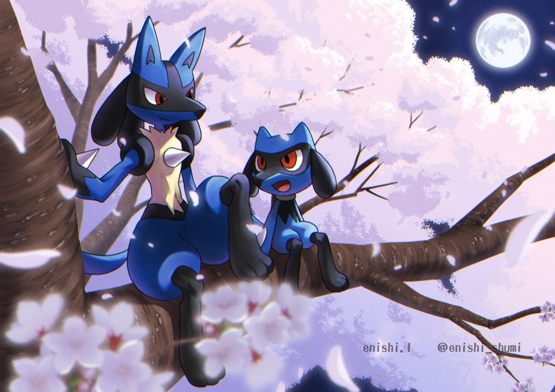 Riolu and Lucario with red eyes sit on a cherry blossom tree branch under a full moon in a vibrant HD Pokémon video game desktop wallpaper.