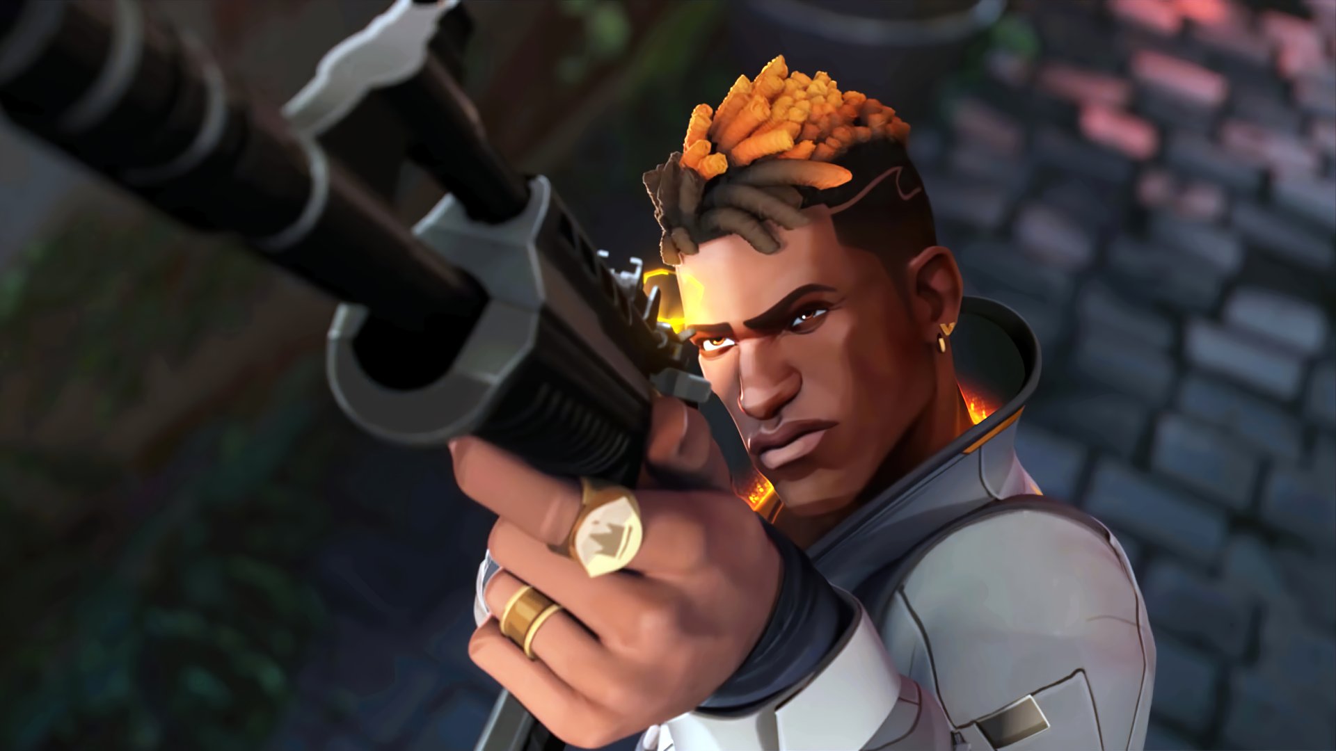 4K Ultra HD PC desktop wallpaper featuring Phoenix from the video game Valorant, aiming with focused intensity and vibrant, detailed character design.